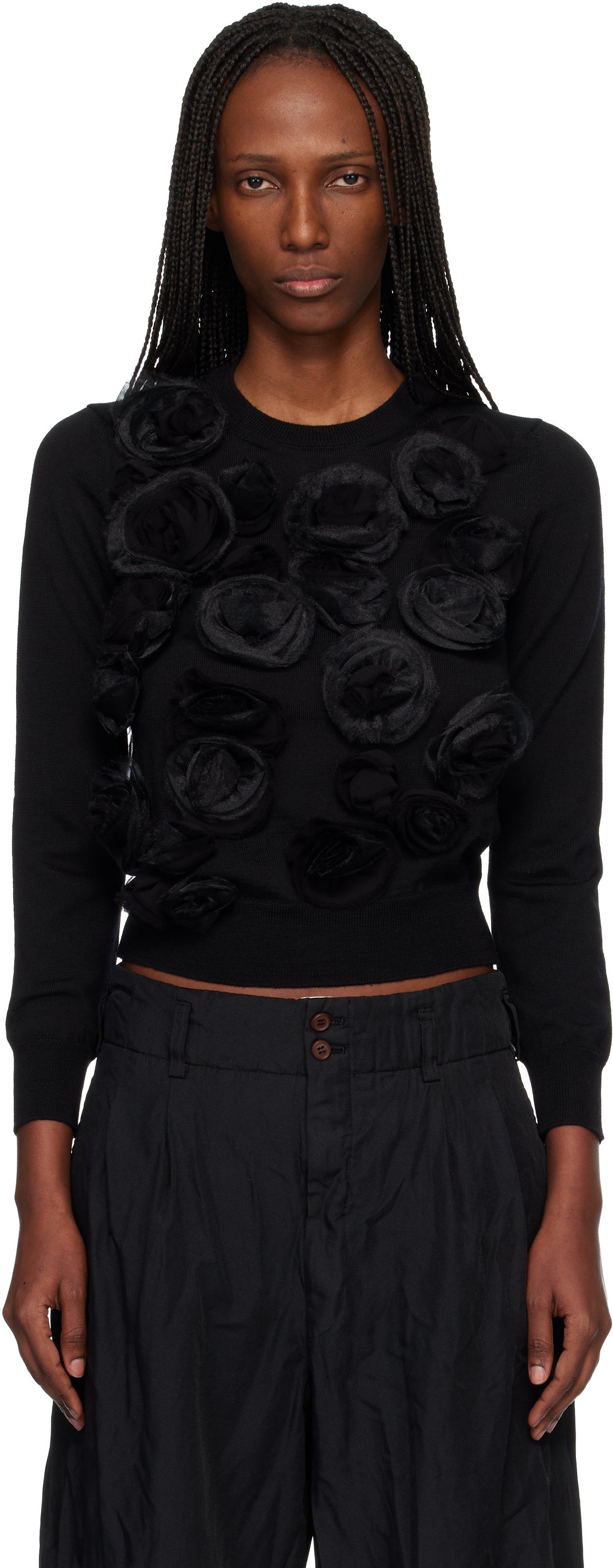 Comme des Garçons Comme des Garçons Black Lambswool Jersey X Flower Embroidery Crewneck Sweater