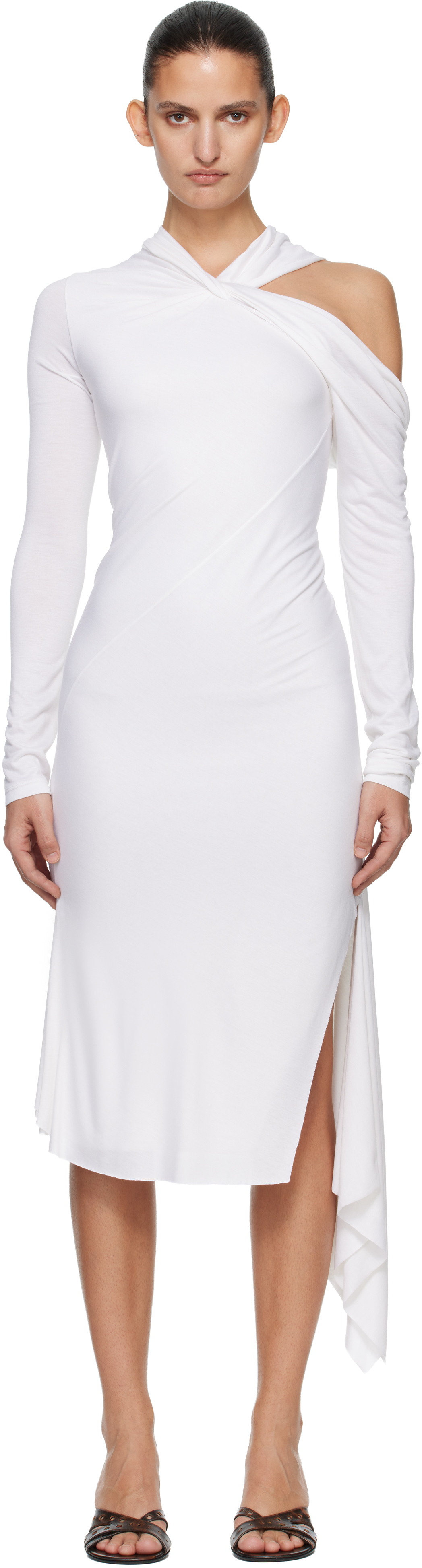 White Jersey Twist Strap Midi Dress by AARON ESH on Sale