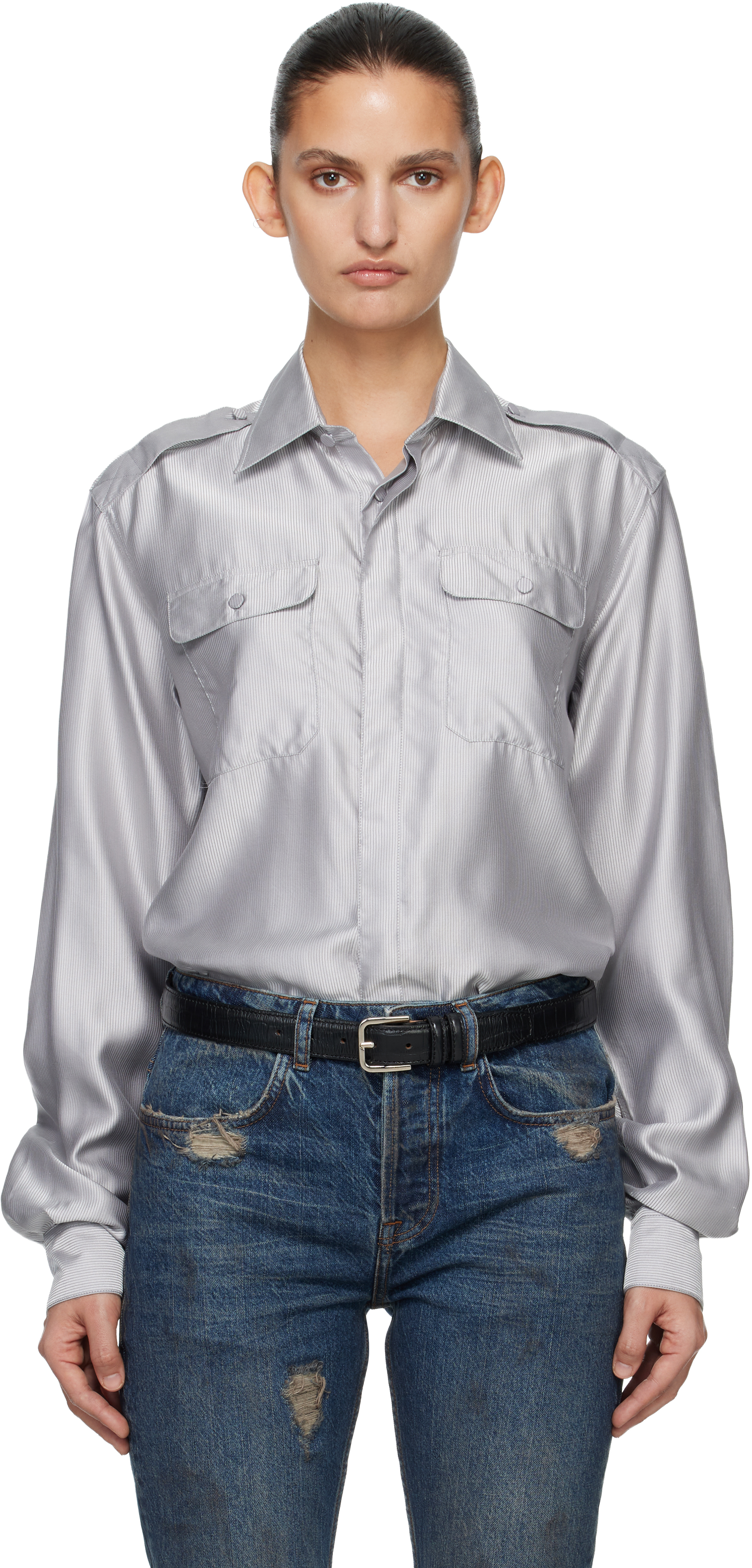 Gray Silk Military Shirt