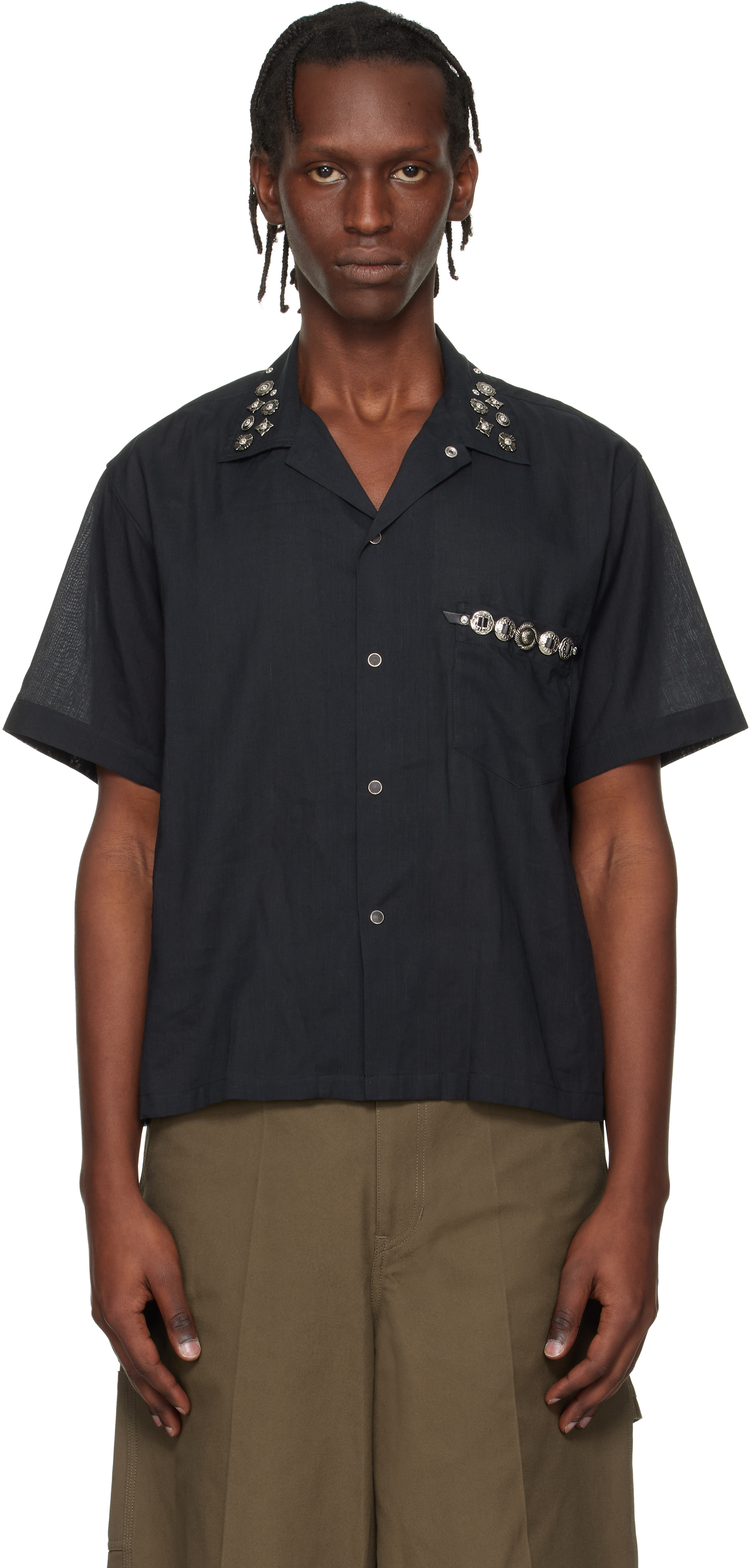 TOGA VIRILIS 半袖シャツ Toga Virilis: Black Plain Weave Metal S/S Shirt | SSENSE