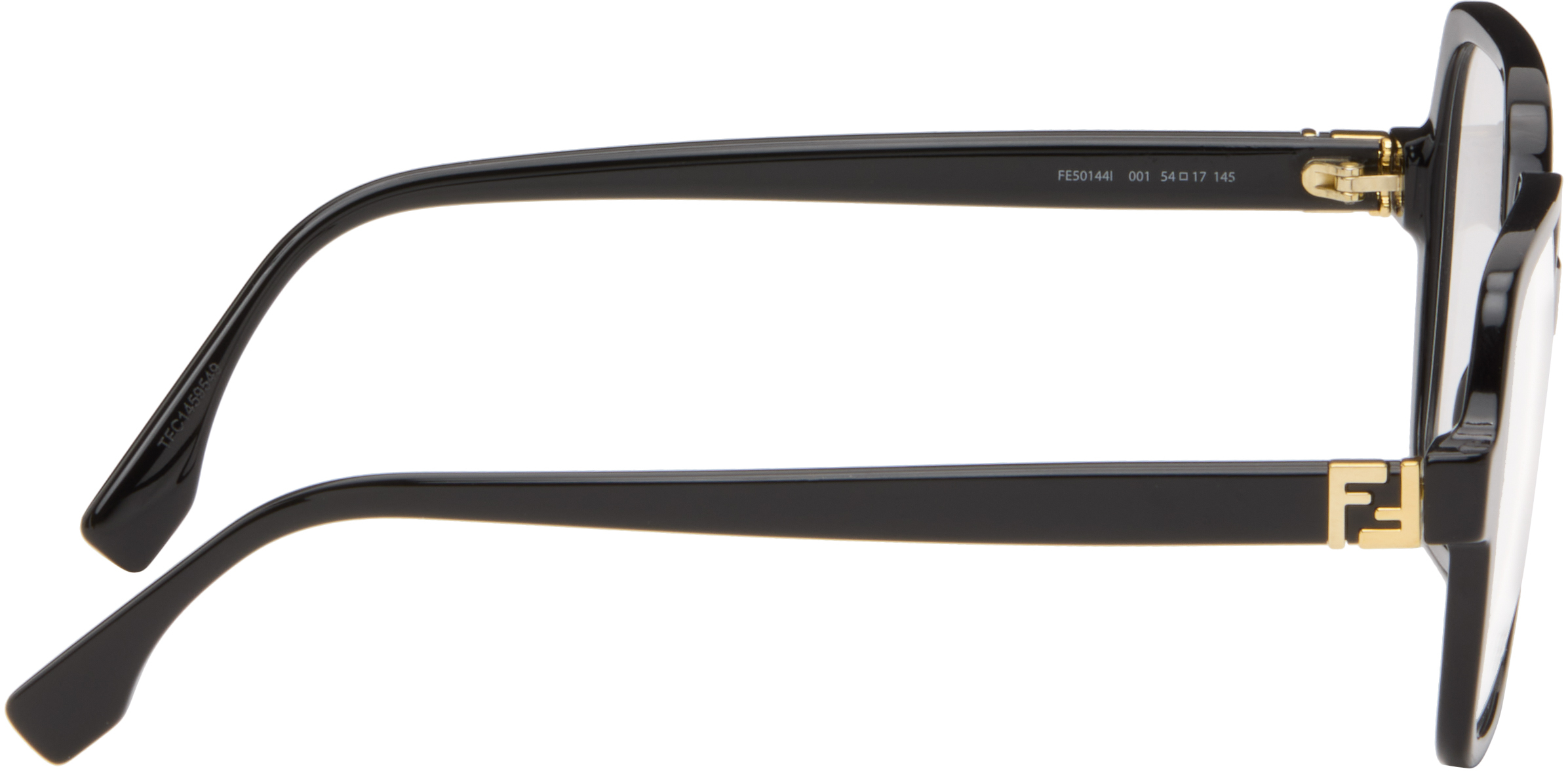 Angled side view of black Fendi Forever Fendi glasses