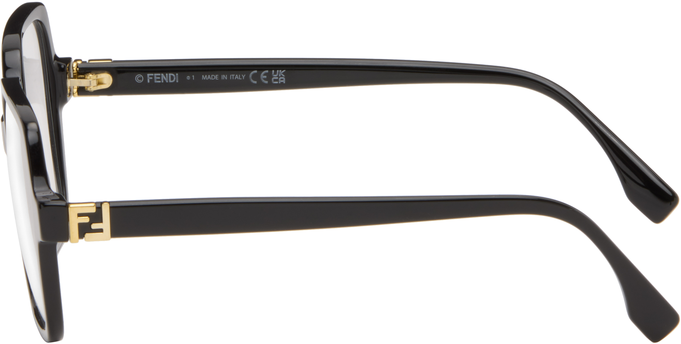 Side view of black Fendi Forever Fendi glasses with gold accents