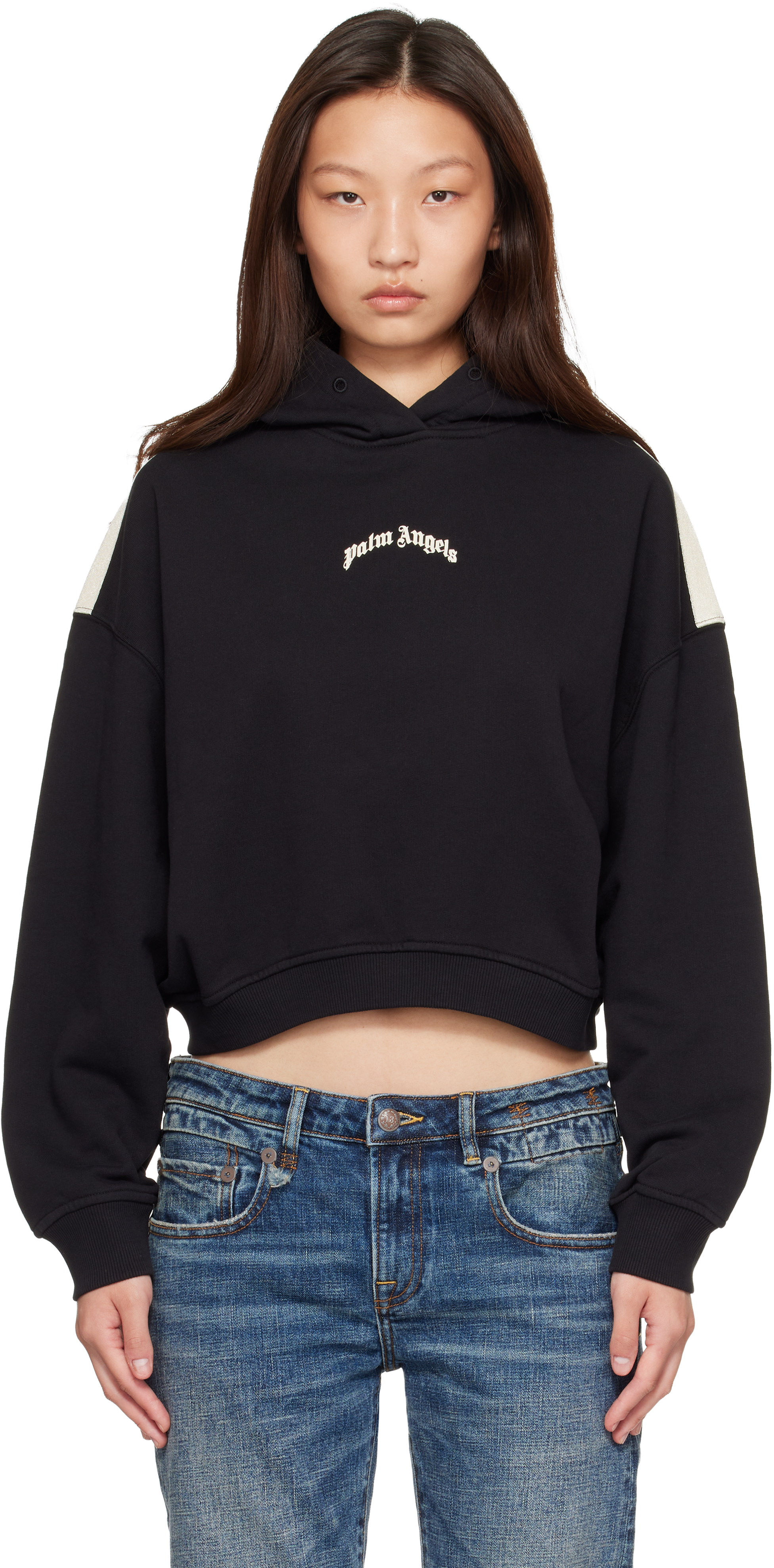 Palm Angels: ブラック カーブロゴ ルーズ クロップド フーディ