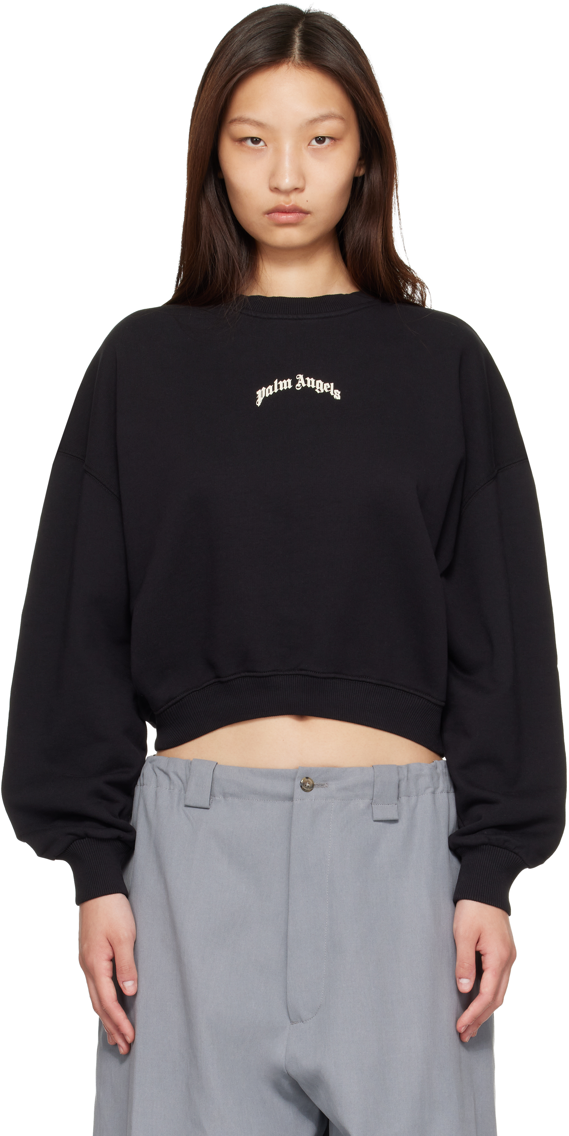 Black Curved Logo Crop Sweatshirt by Palm Angels on Sale