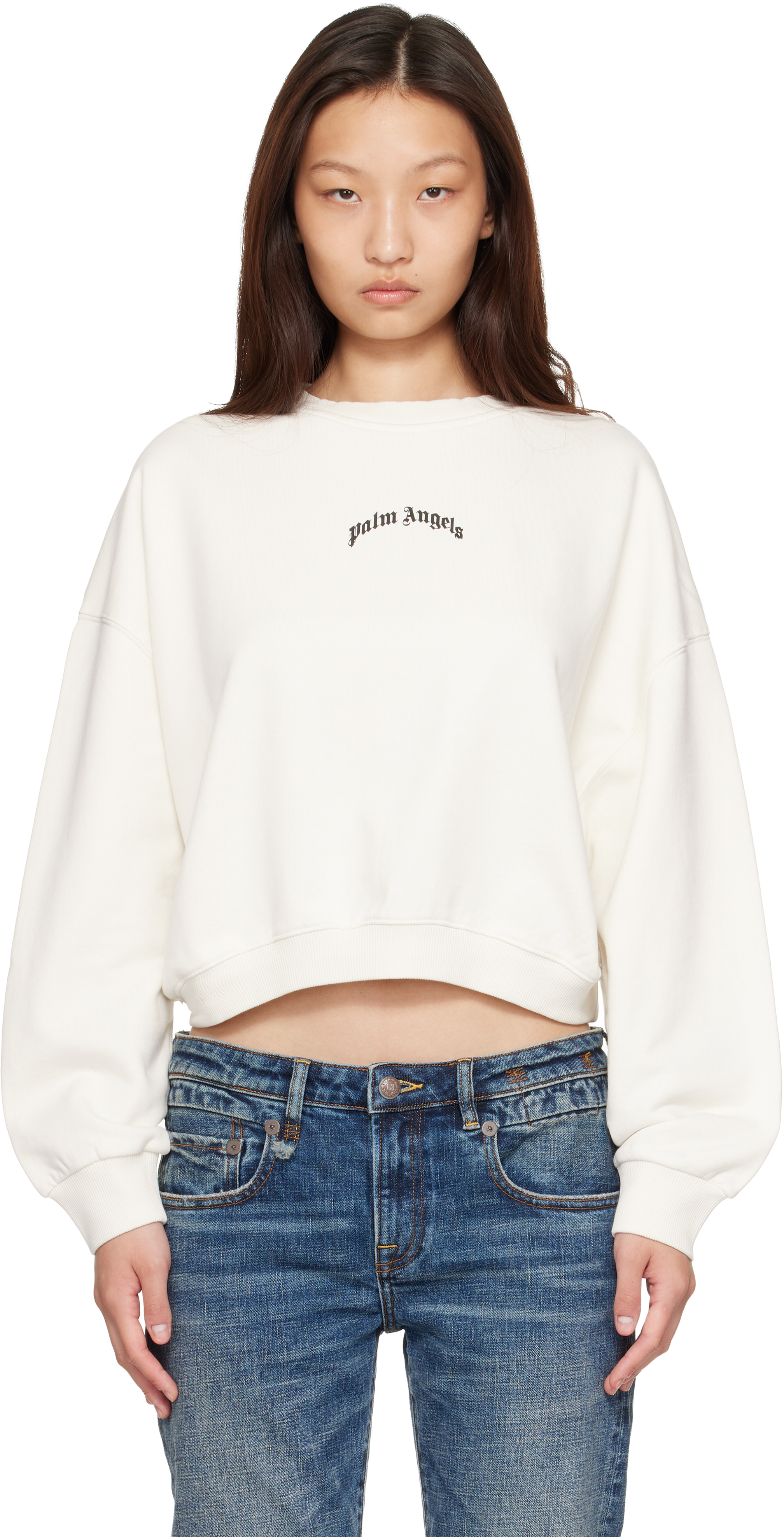 Palm Angels: Off-White Curved Logo Crop Sweatshirt | SSENSE