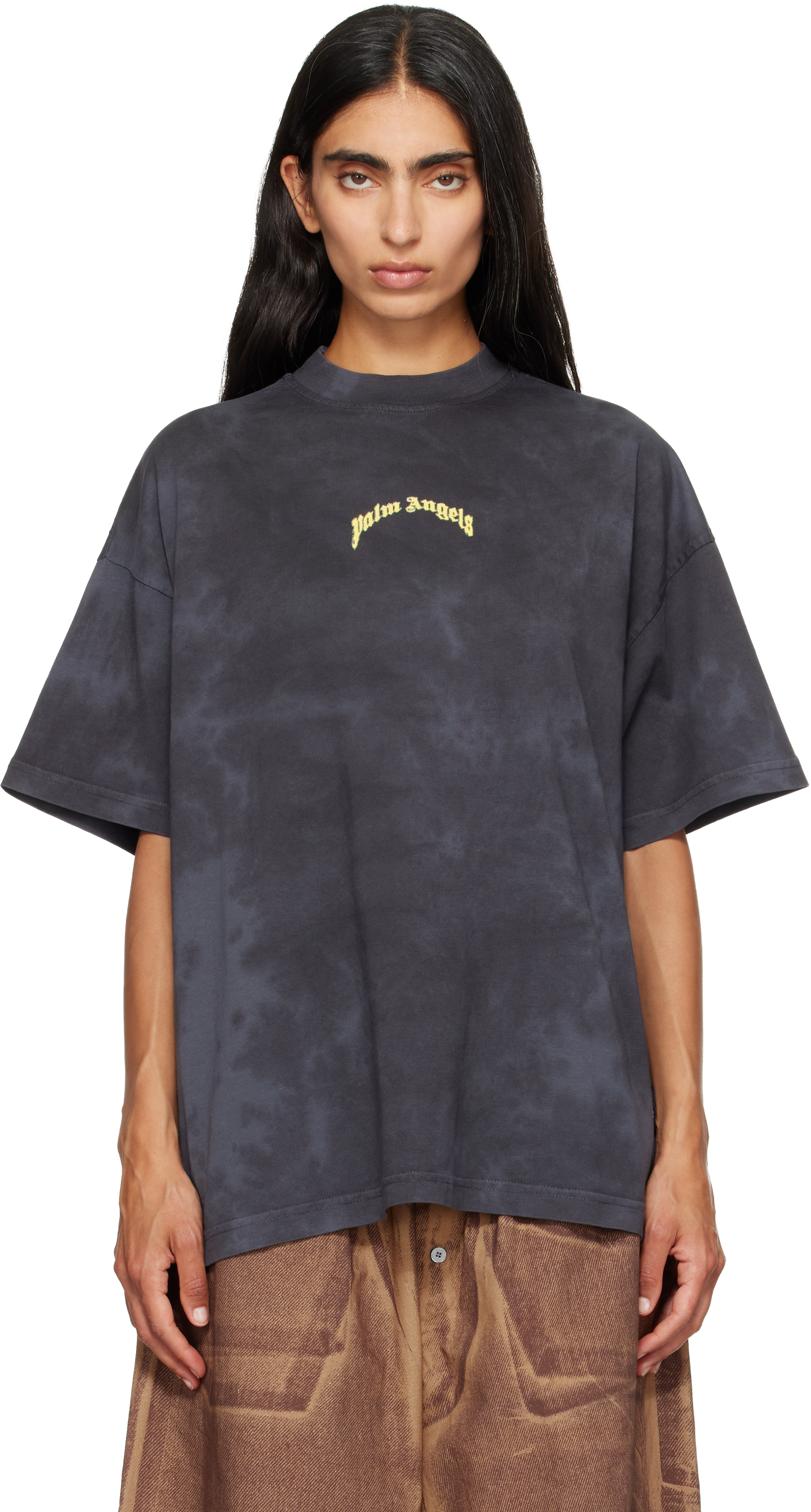 Palm Angels: Black Curved Logo T-shirt | SSENSE