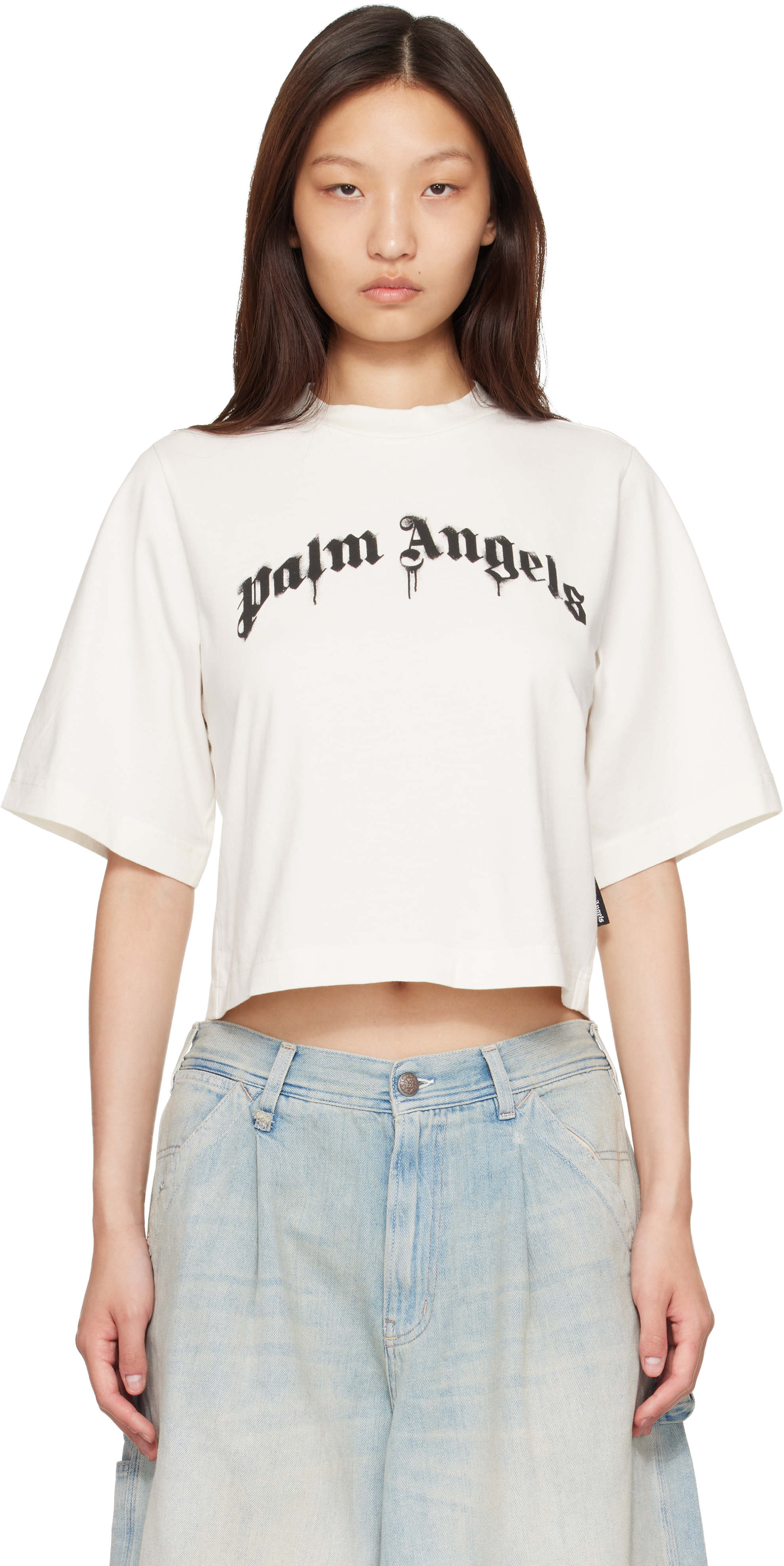 White Dripping Curved Logo Boxy T-shirt by Palm Angels on Sale