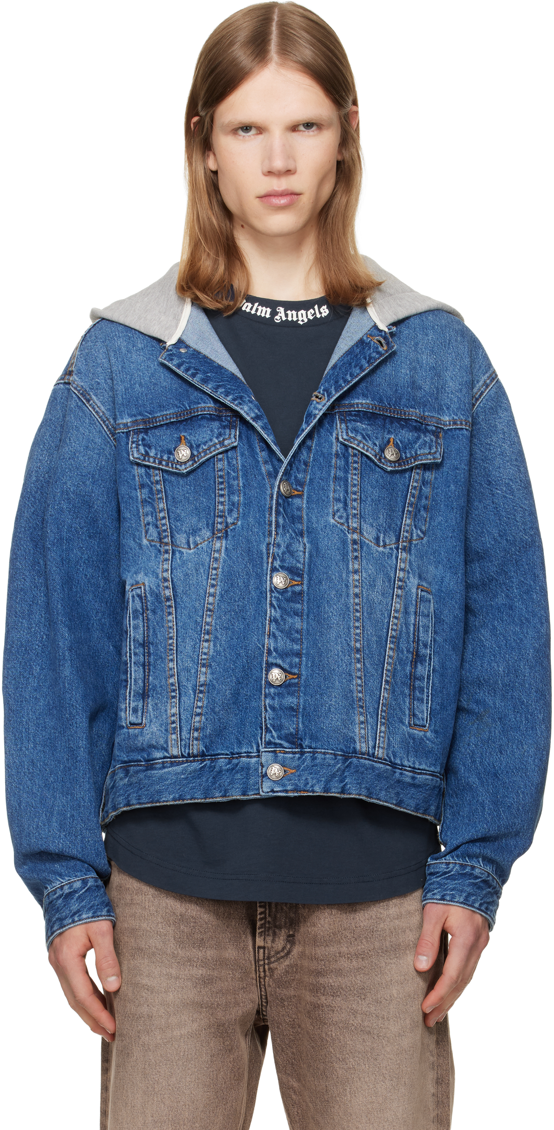 Blue Curved Logo Denim Jacket by Palm Angels on Sale