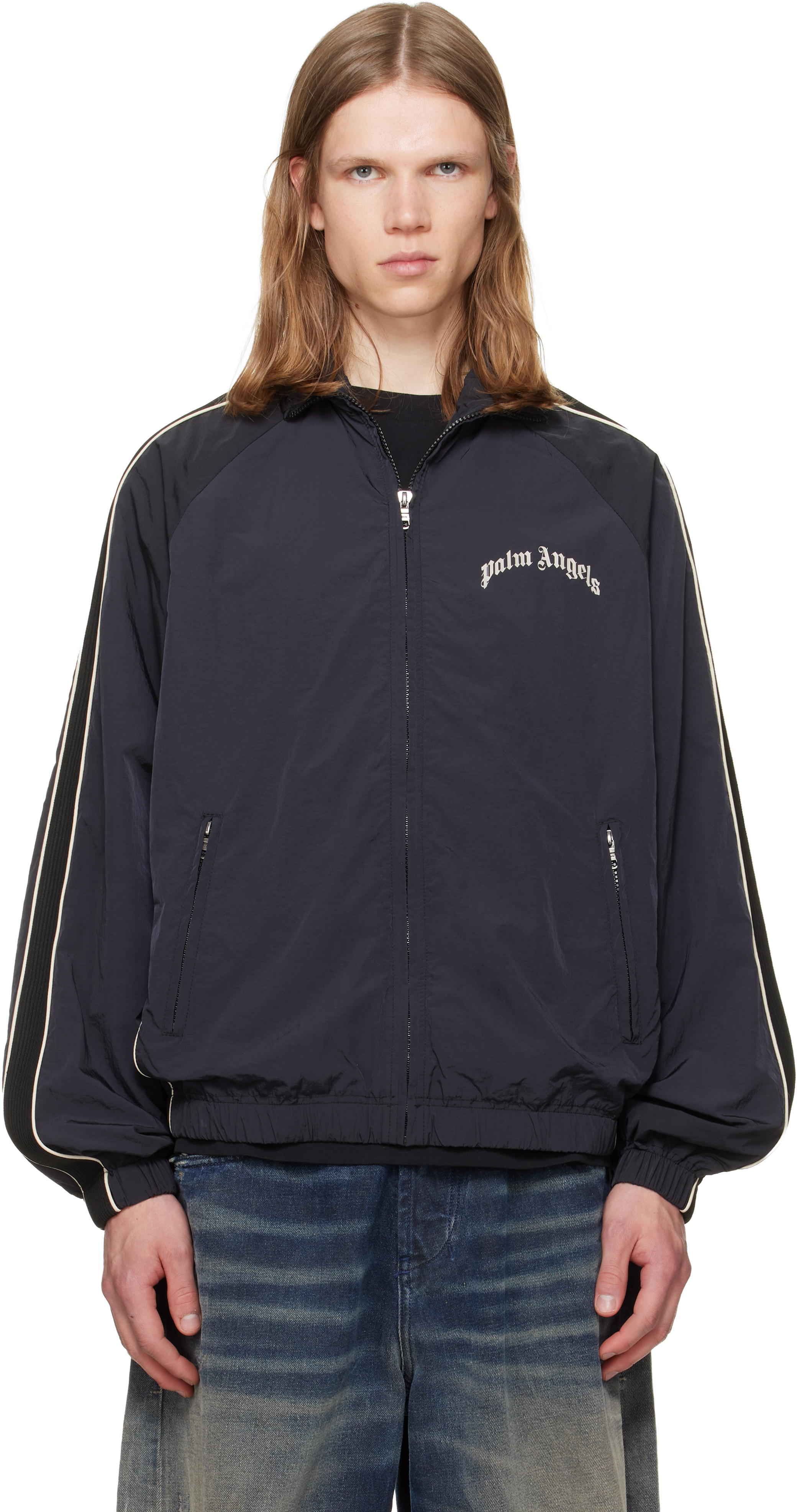 Palm Angels: Black Curved Logo Vintage Windbreaker Track Jacket