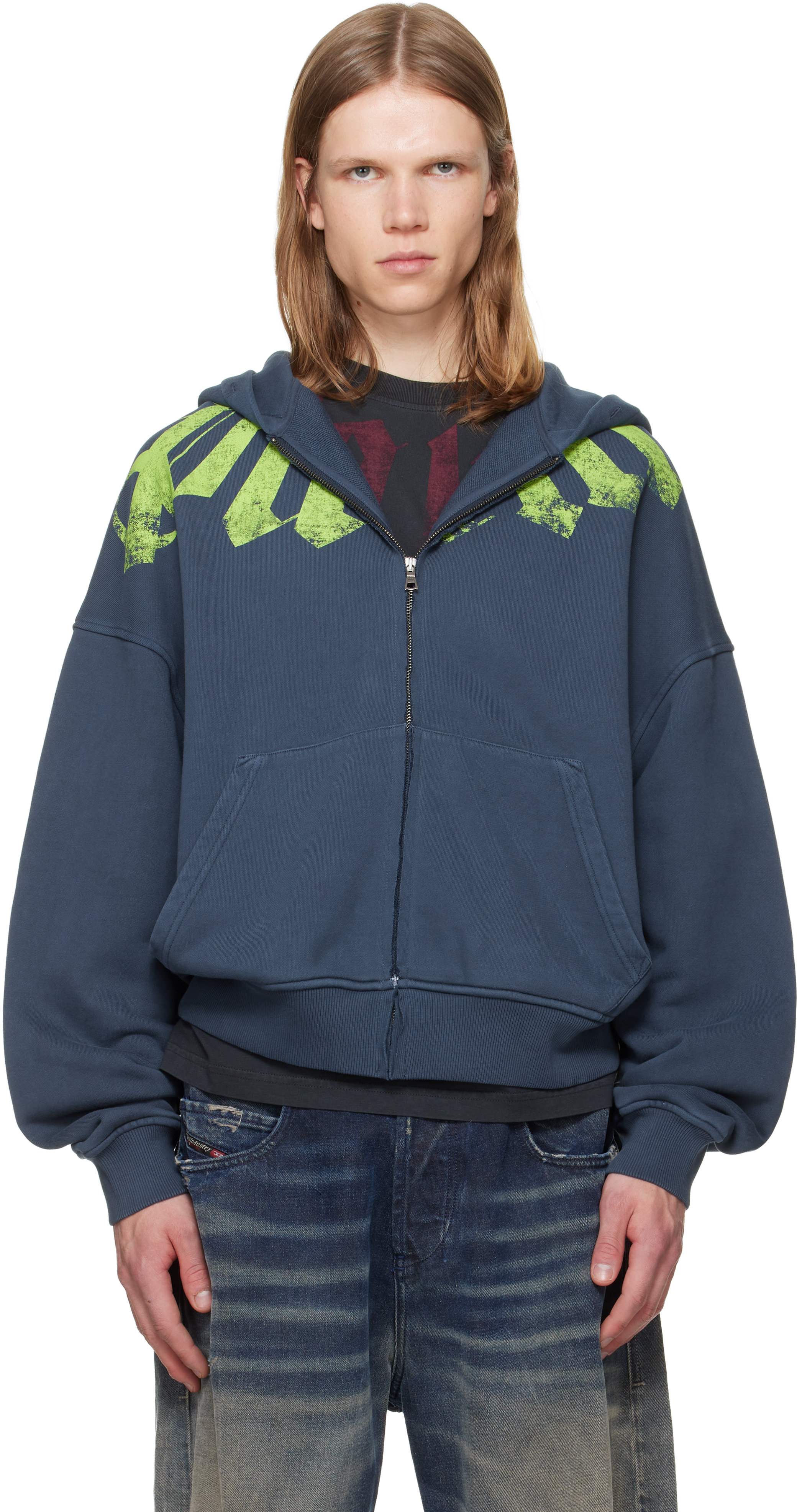 Palm Angels: Navy Big Neck Logo Zip Hoodie | SSENSE Canada