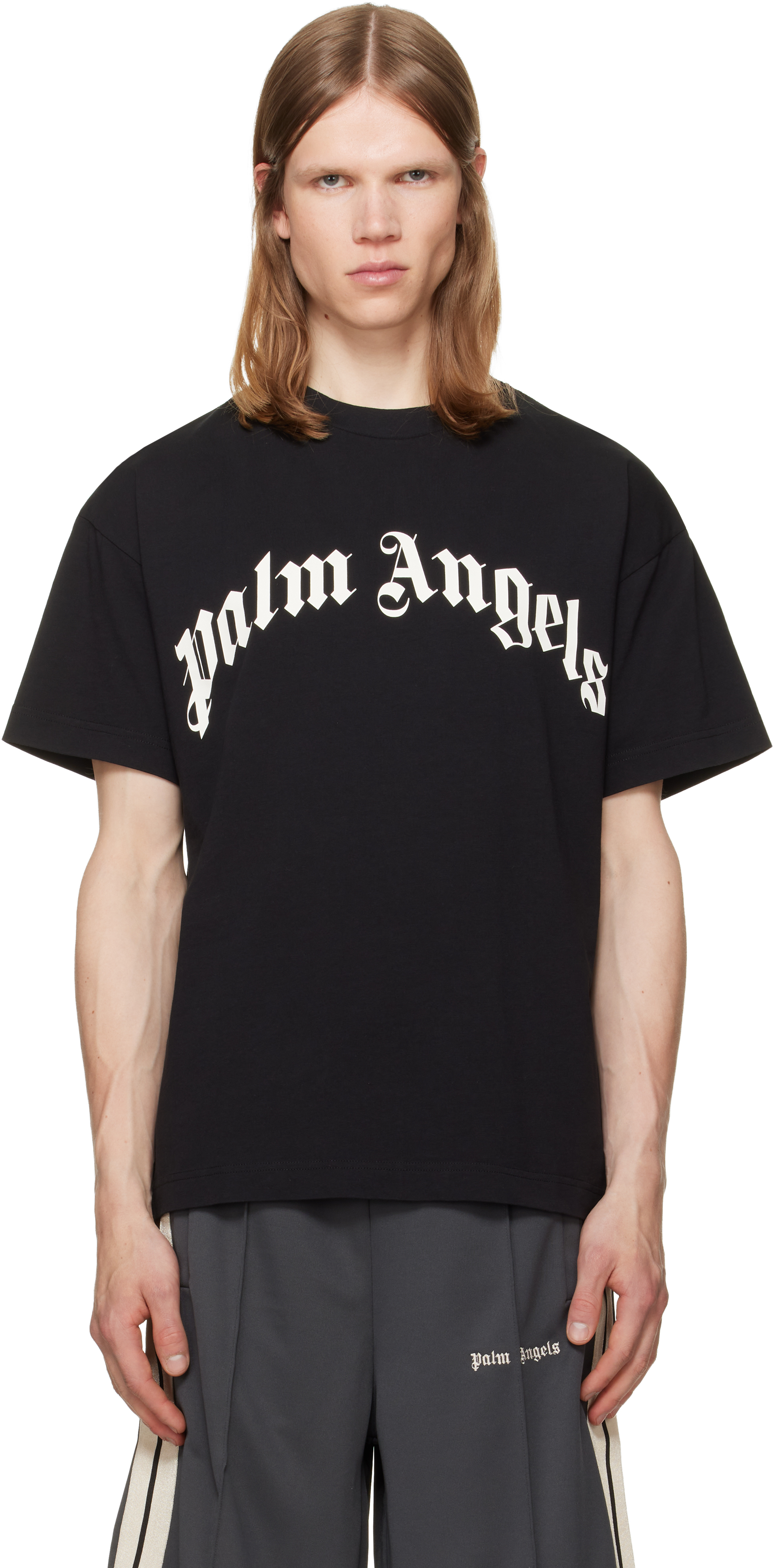 Black Curved Logo T-shirt by Palm Angels on Sale