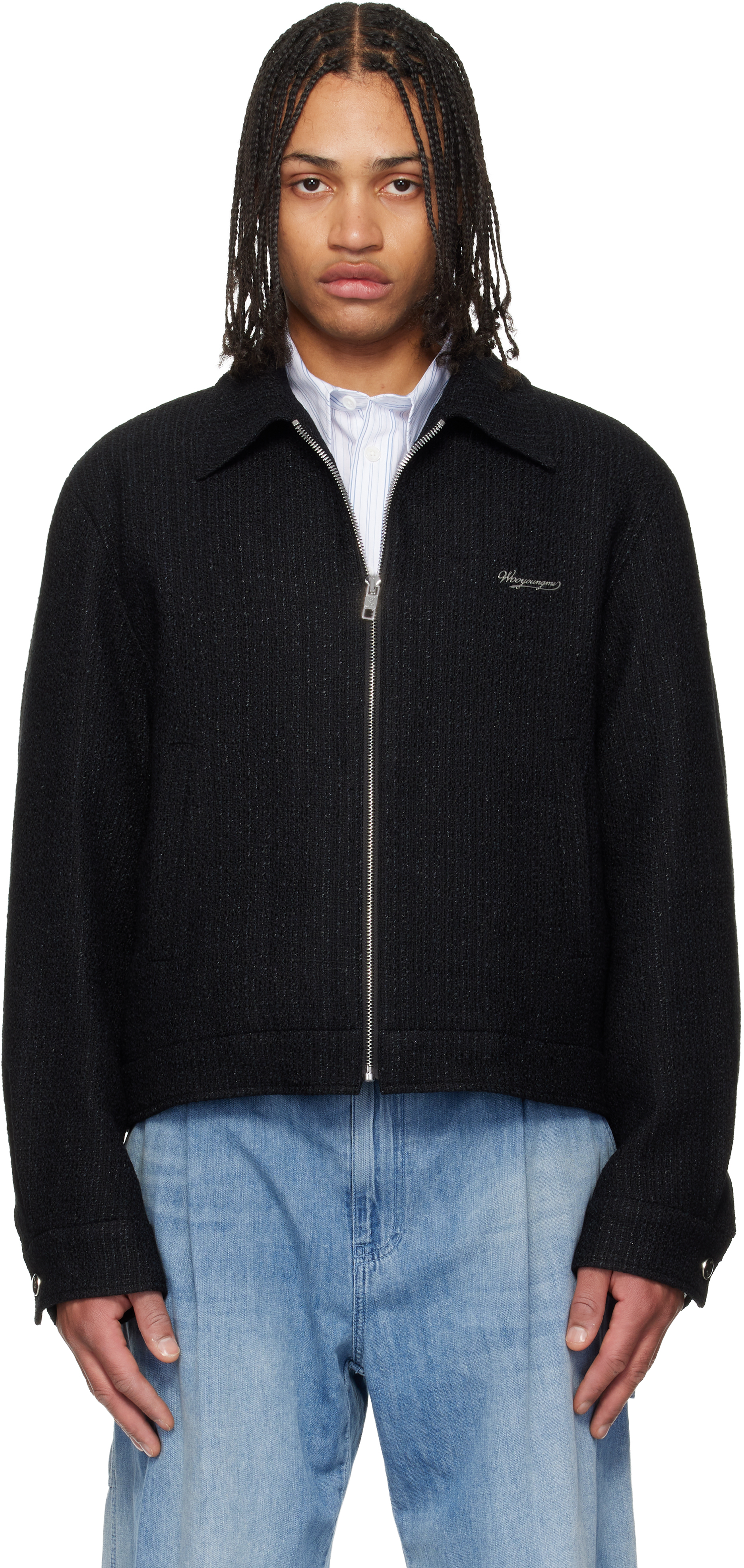 WOOYOUNGMI: Black Tweed Zip-Up Jacket | SSENSE