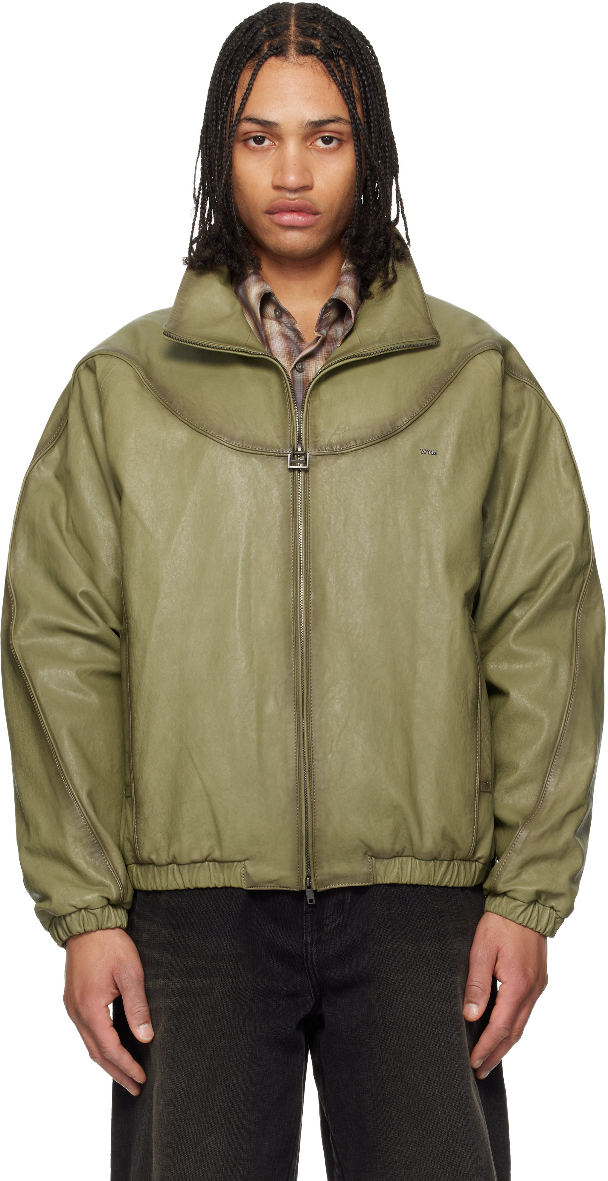 WOOYOUNGMI: Khaki High Neck Leather Jacket | SSENSE