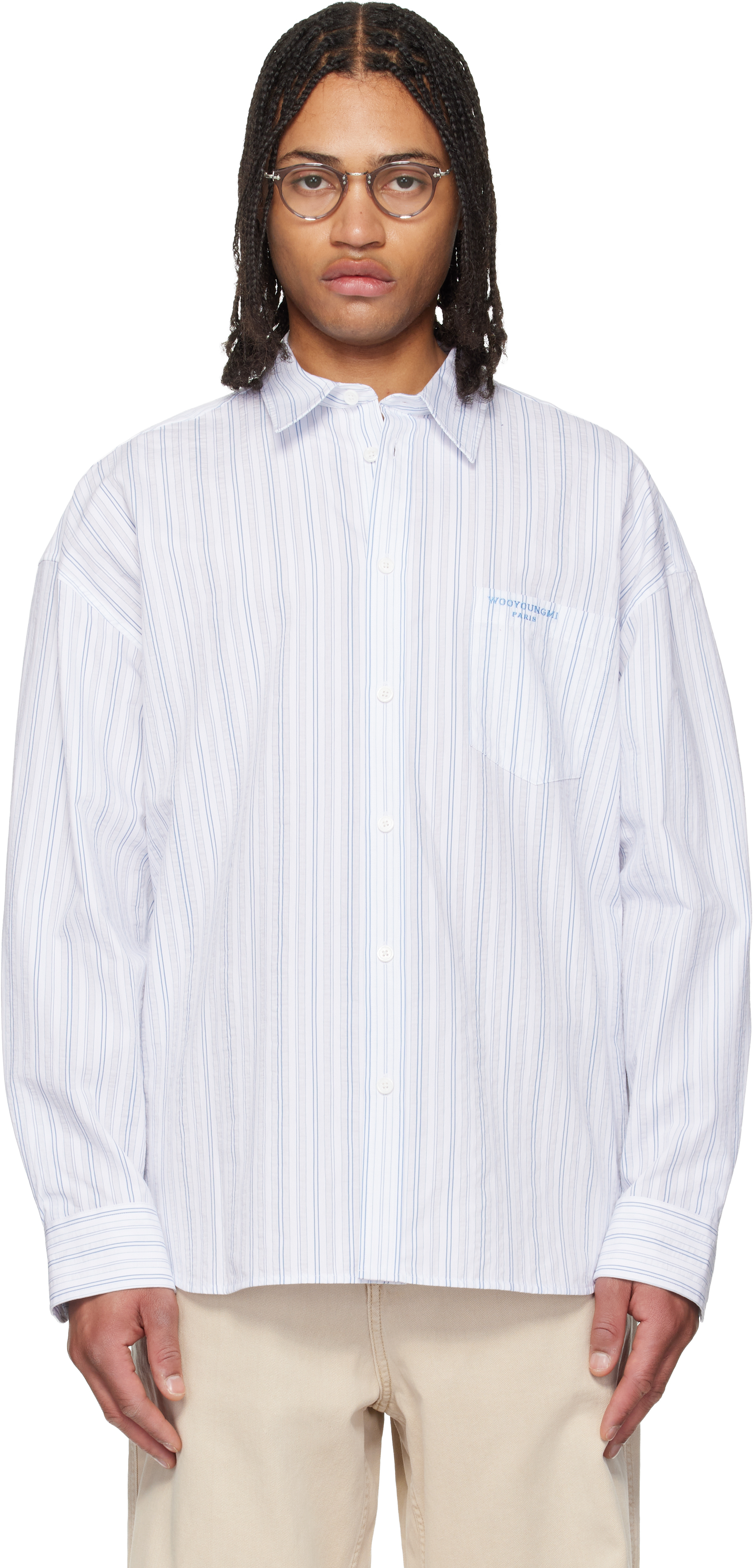 WOOYOUNGMI: Blue Oversized Stripe Shirt | SSENSE