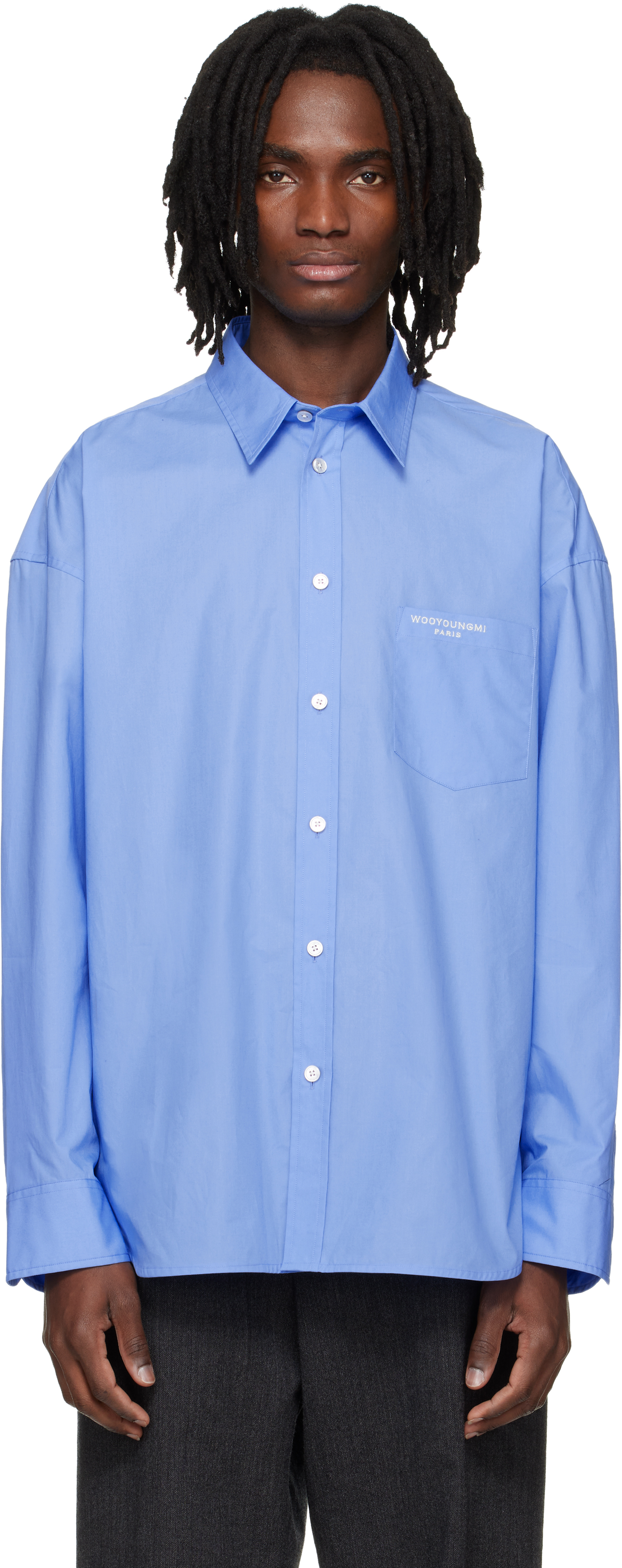 Blue Oversized Cotton Shirt by WOOYOUNGMI on Sale