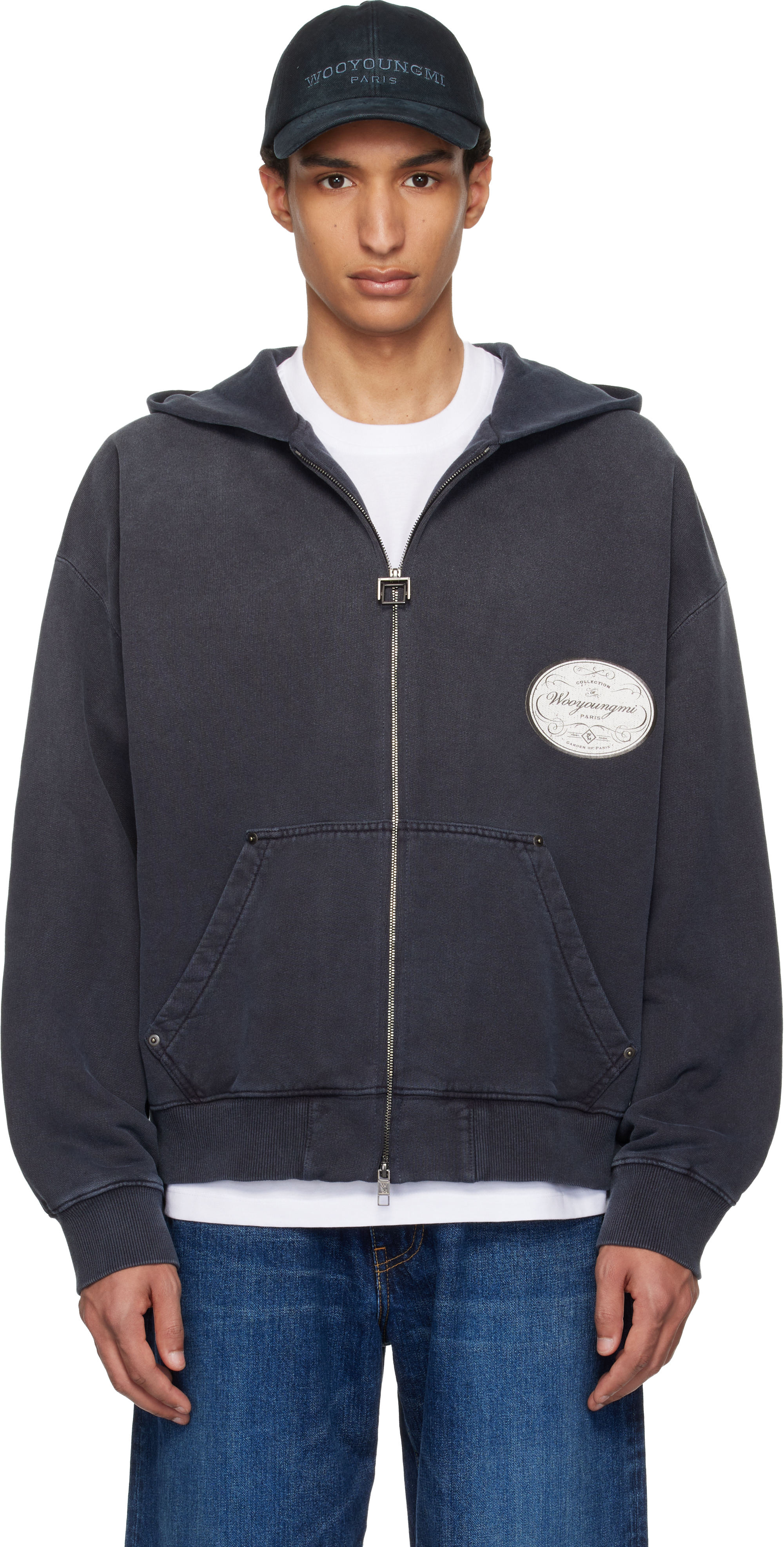 Navy Lettering Back Logo Zip-Up Hoodie by WOOYOUNGMI on Sale