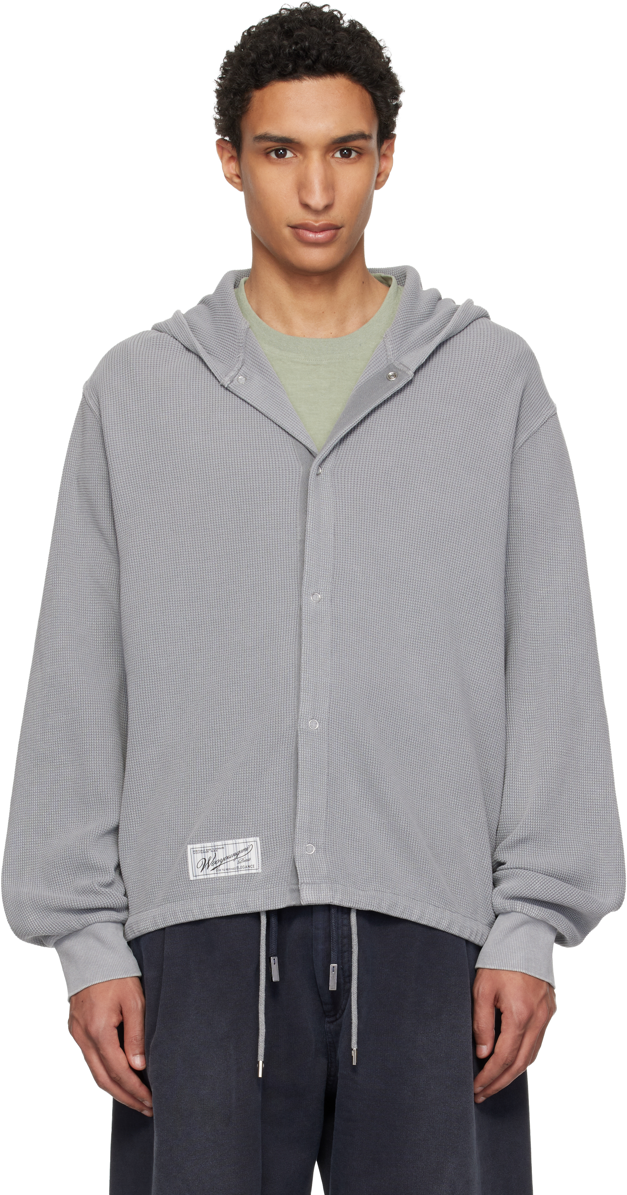 WOOYOUNGMI ウーヨンミ モヘア混 ニット グレー サイズ46 Gray Dyed Open Hoodie by WOOYOUNGMI on Sale