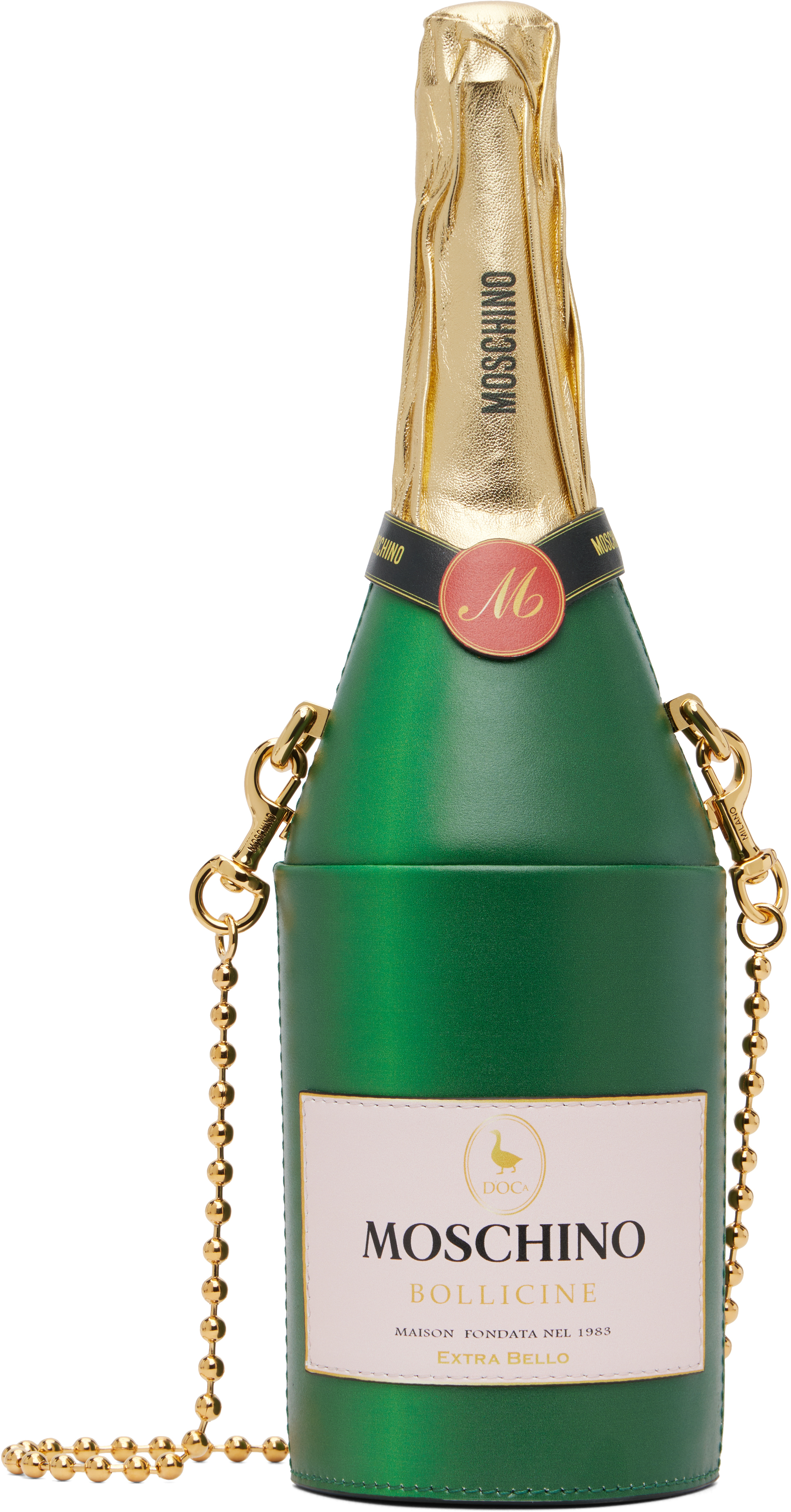 Green & Gold Champagne Bottle Bag by Moschino on Sale