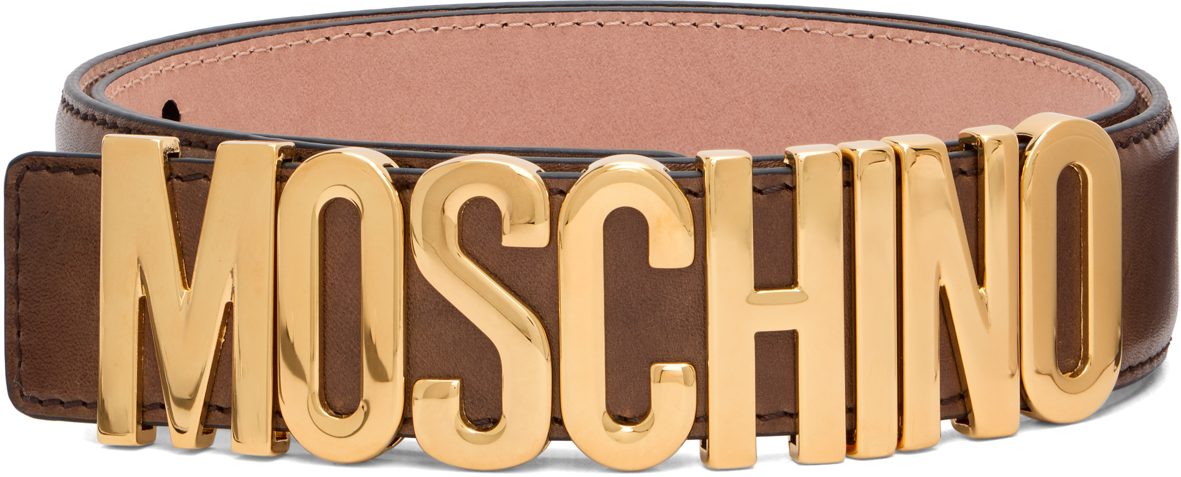  Moschino コラボ　レザー　ベルト Moschinoのブラウン Logo Hardware ベルトがセール中