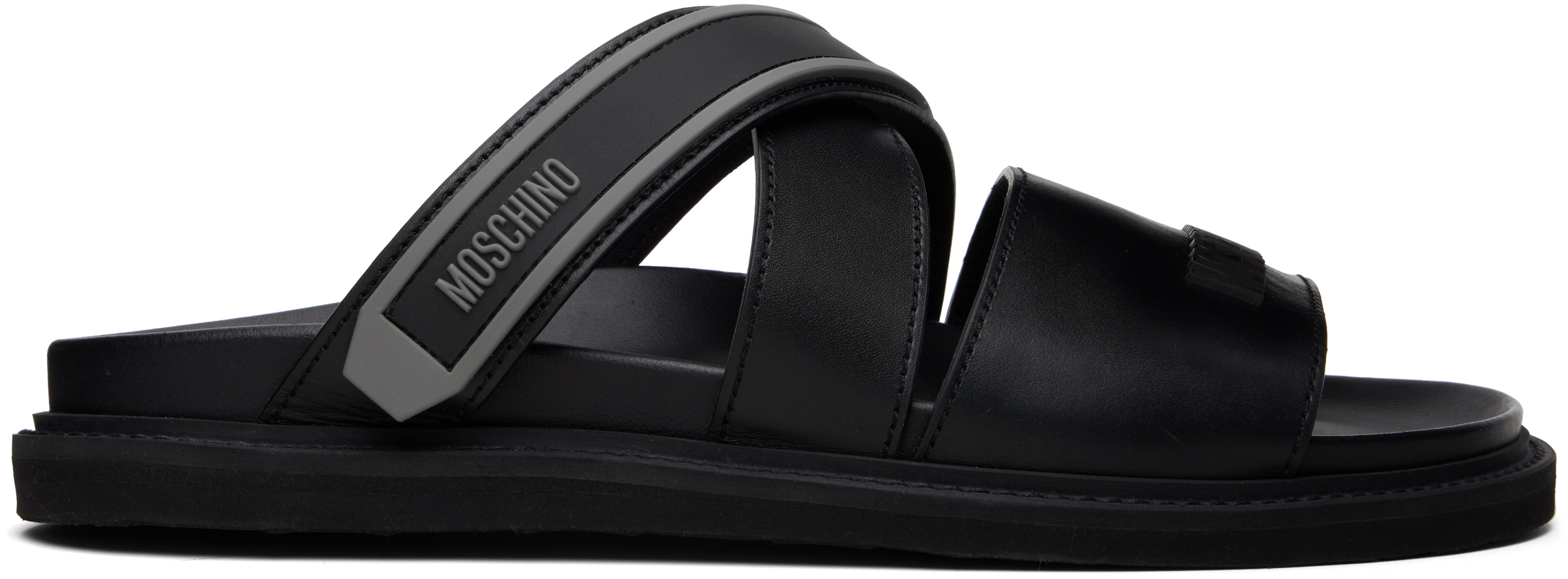 Moschino Black Double-Strap Slide Sandals(44) Calfskin sandals | Moschino main image 2
