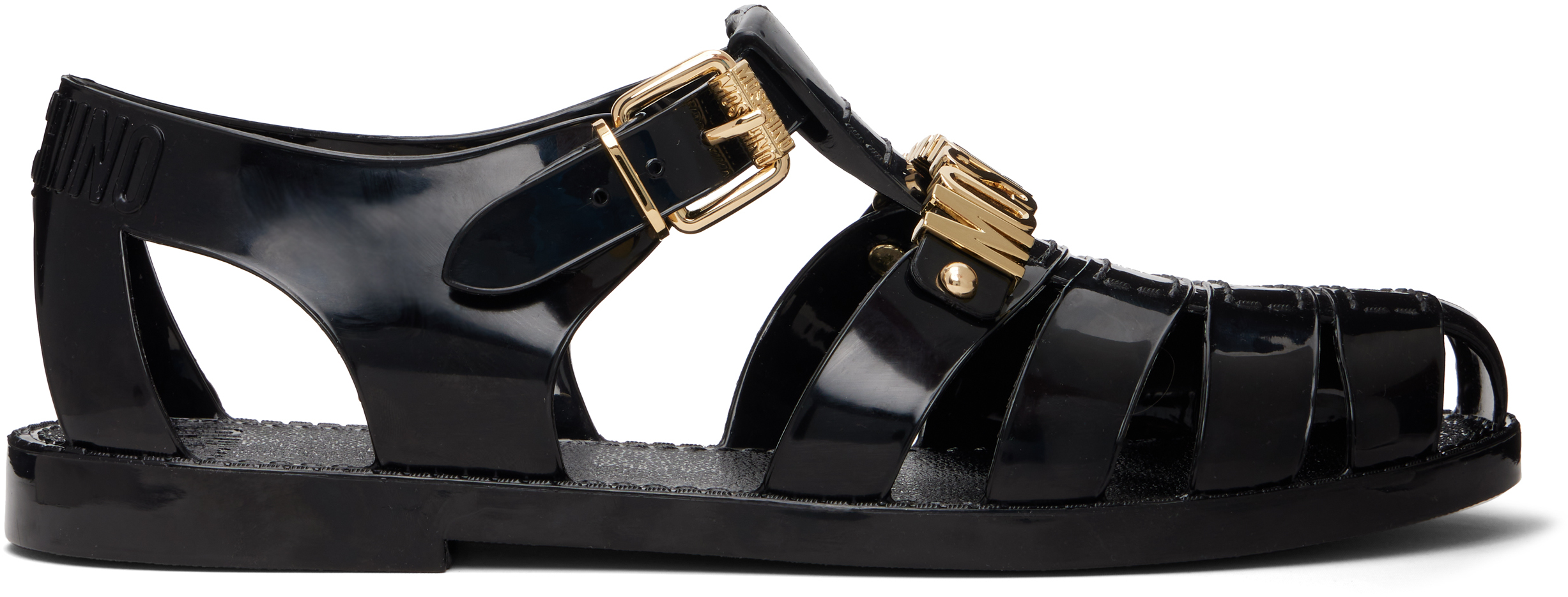 Black Jelly Logo Lettering Sandals by Moschino on Sale