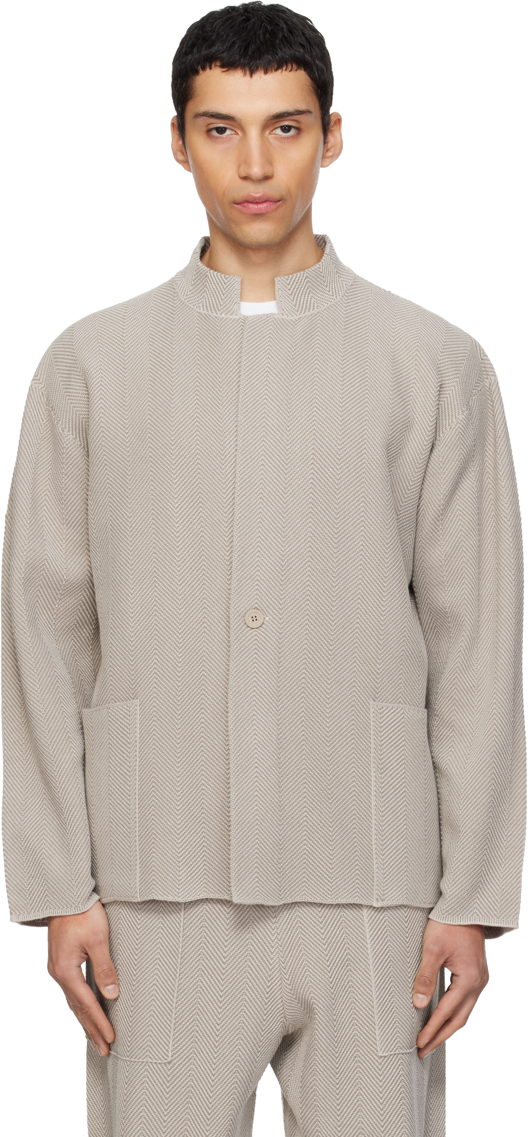 HOMME PLISSÉ ISSEY MIYAKE: Beige Inlaid Knit Jacket | SSENSE