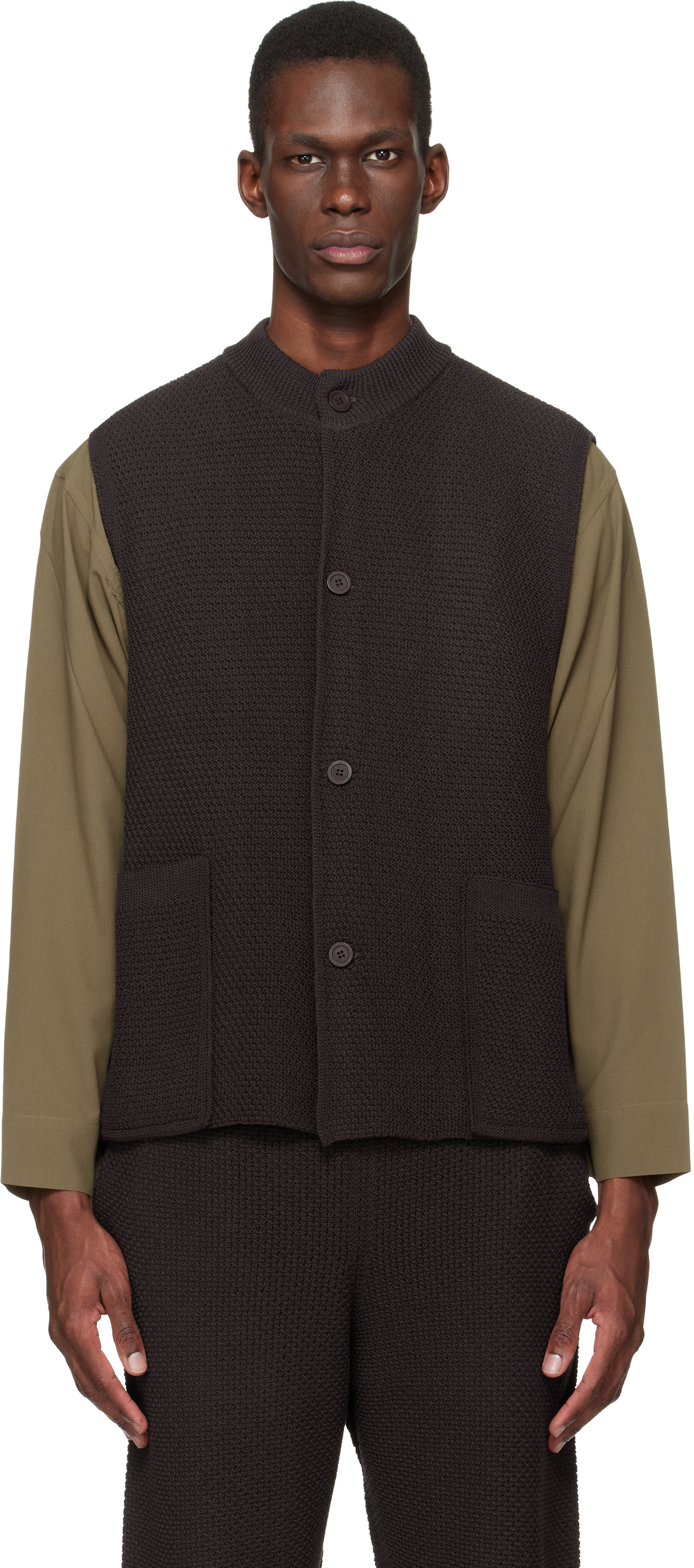HOMME PLISSÉ ISSEY MIYAKE: Brown Rustic Knit Vest | SSENSE