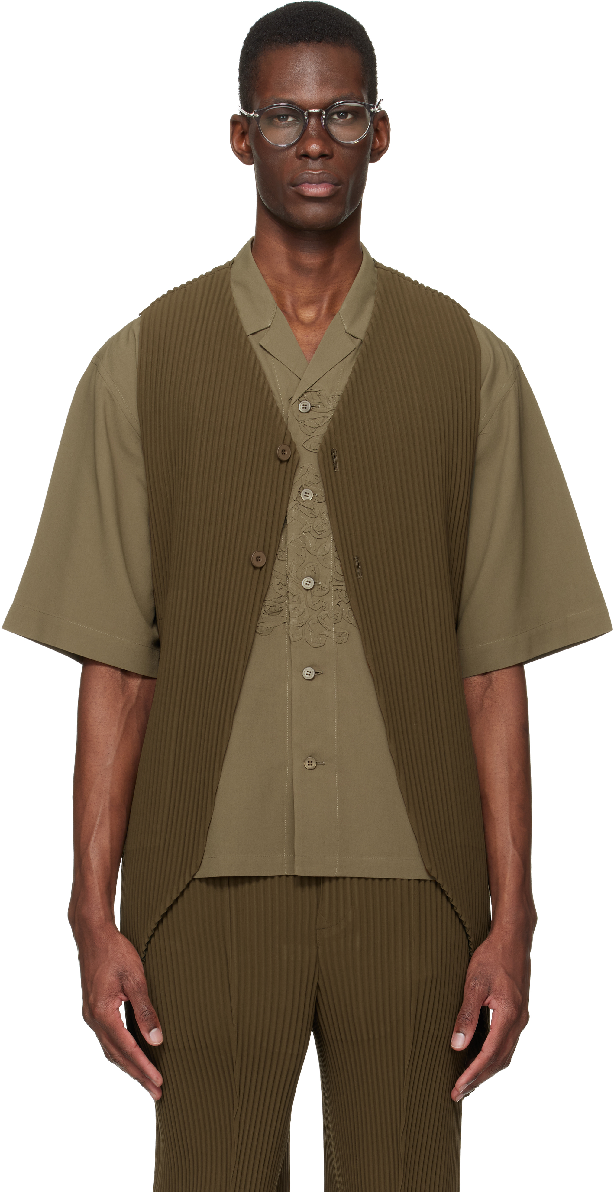 HOMME PLISSÉ ISSEY MIYAKE: Khaki Tuxedo Pleats Vest | SSENSE