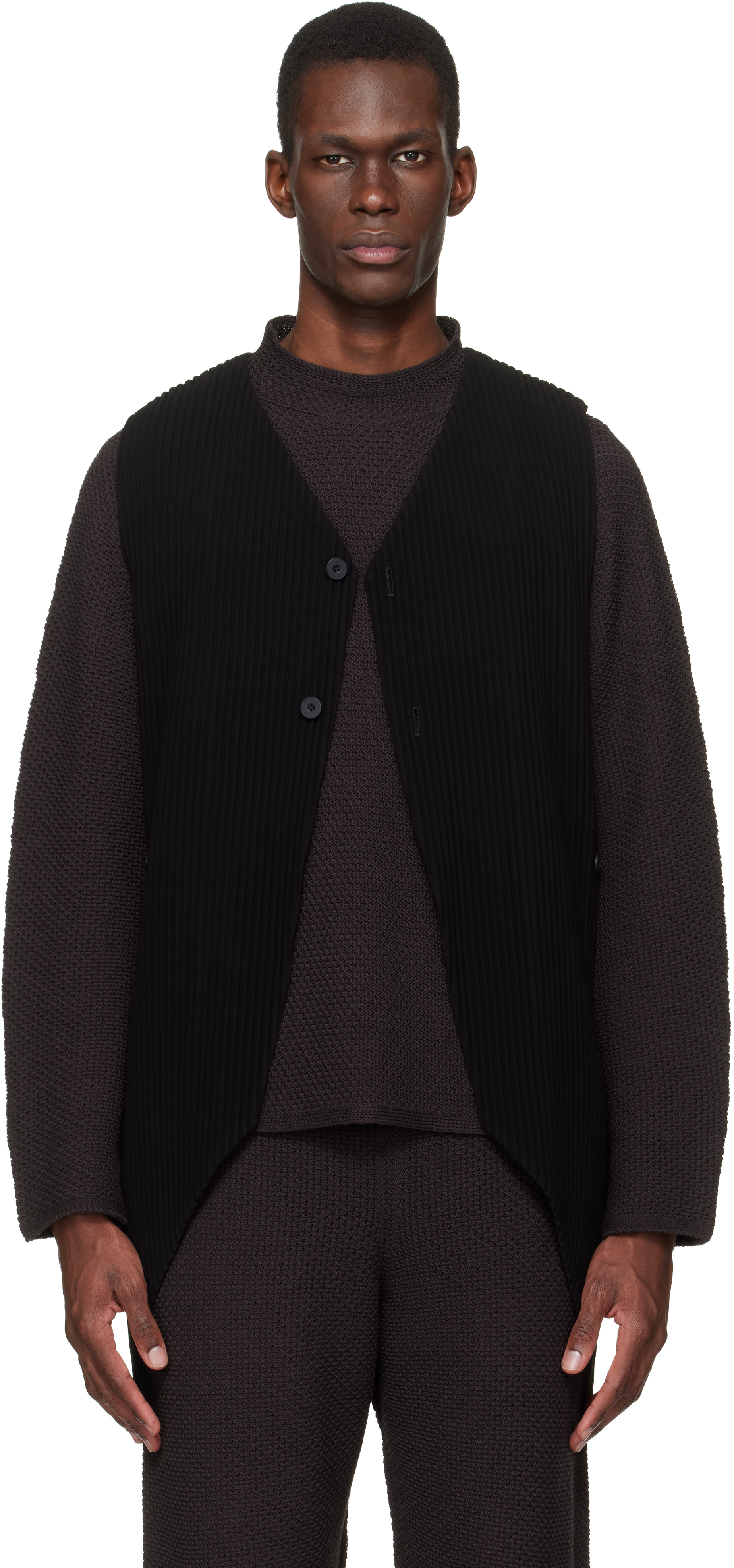 Black Tuxedo Pleats Vest by HOMME PLISSÉ ISSEY MIYAKE on Sale