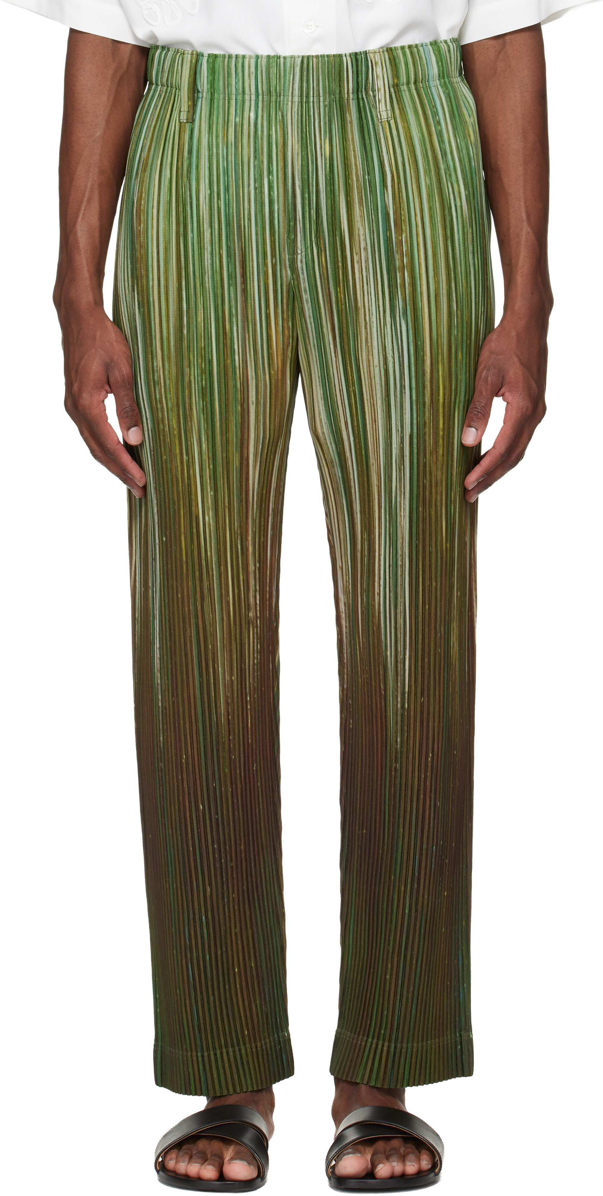 mina　PAINT BRUSH CLOSE-UP homme pliss HOMME PLISSÉ ISSEY MIYAKE: Green Paint Brush Close-Up Trousers