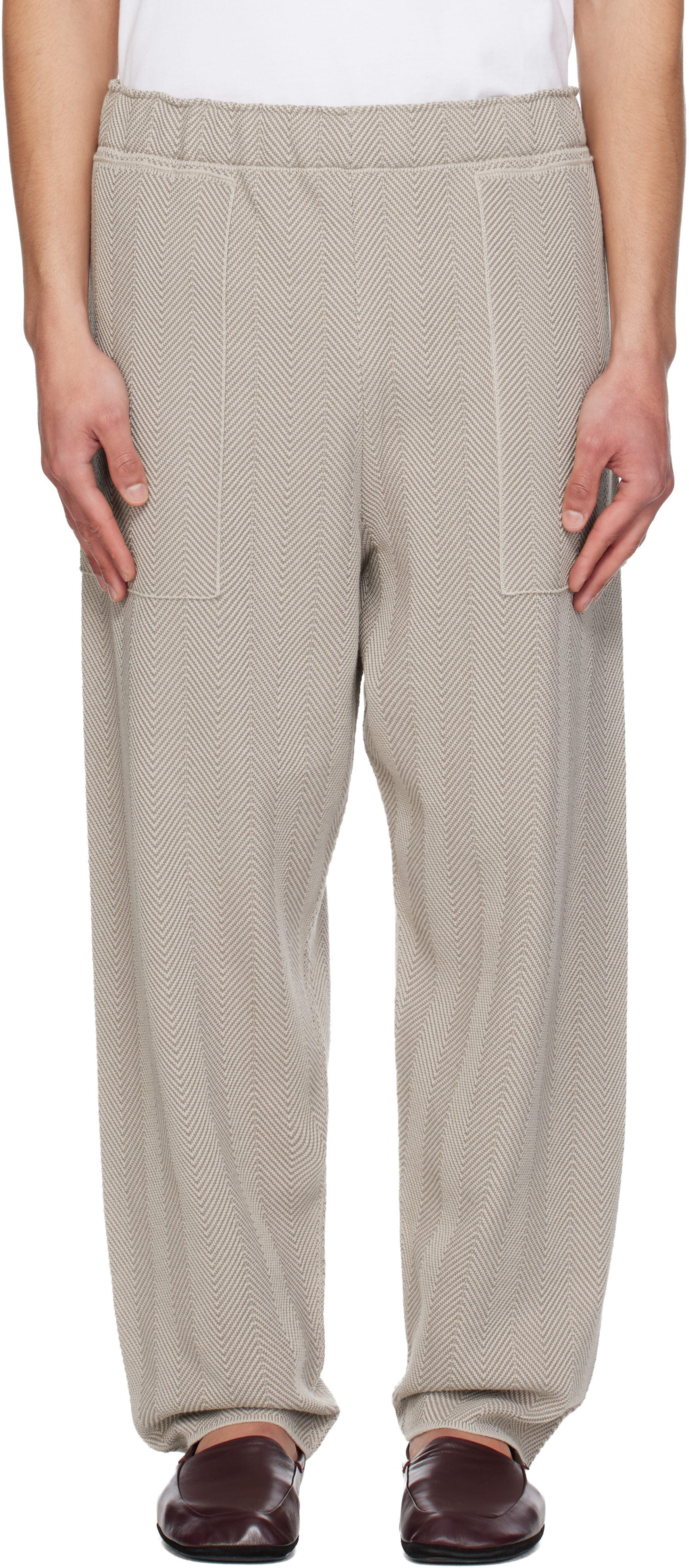 Beige Inlaid Knit Trousers by HOMME PLISSÉ ISSEY MIYAKE on Sale