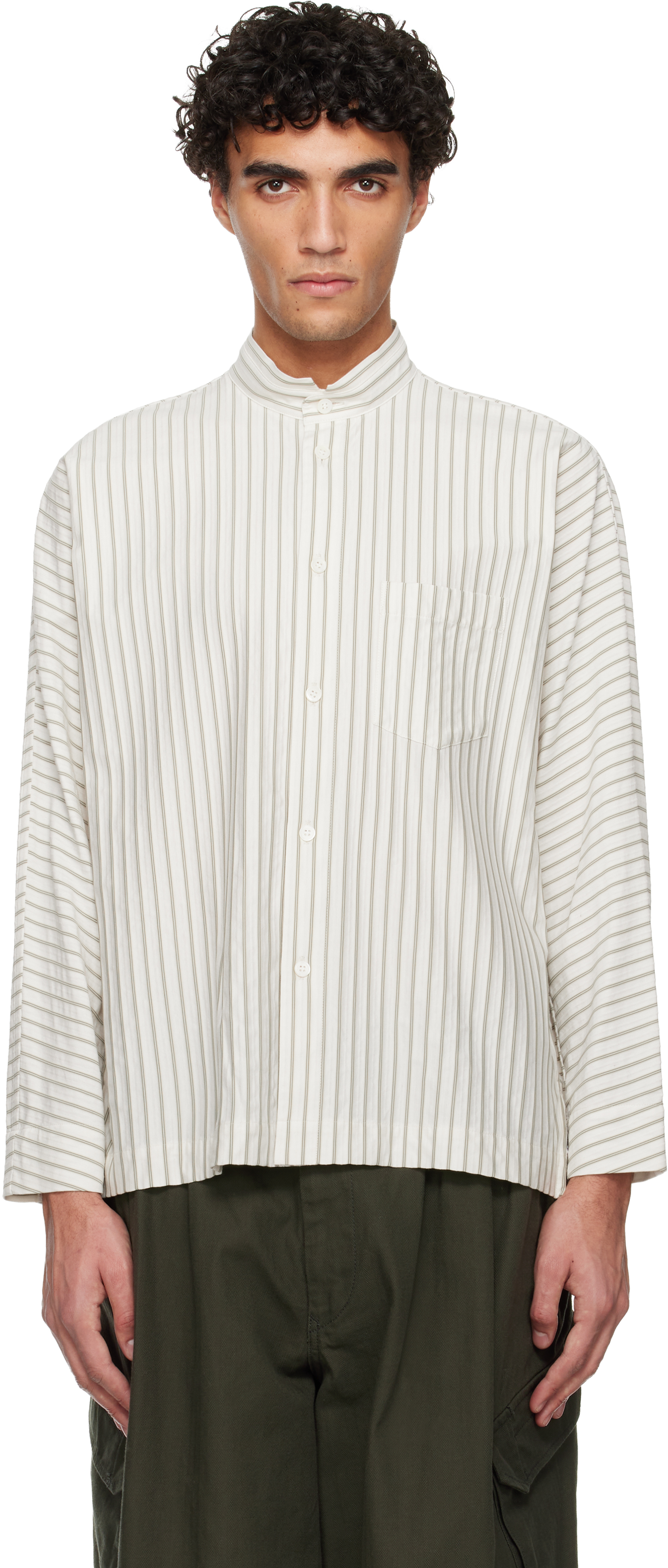 【新品】HOMMEPLISSEISSEY MIYAKE JERSEY SHIRT HOMME PLISSÉ ISSEY MIYAKE: White Stripe Jersey Shirt | SSENSE