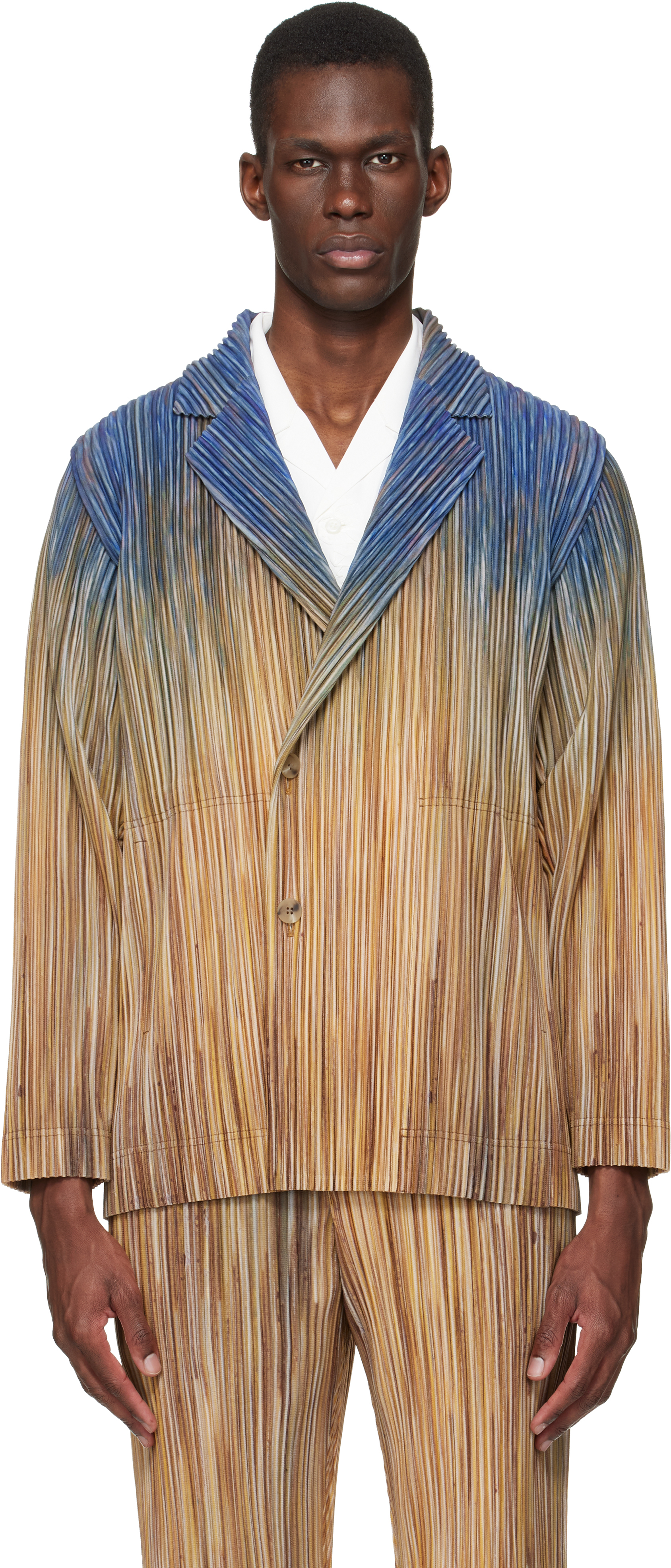 HOMME PLISSÉ ISSEY MIYAKE: Brown Paint Brush Close-Up Blazer