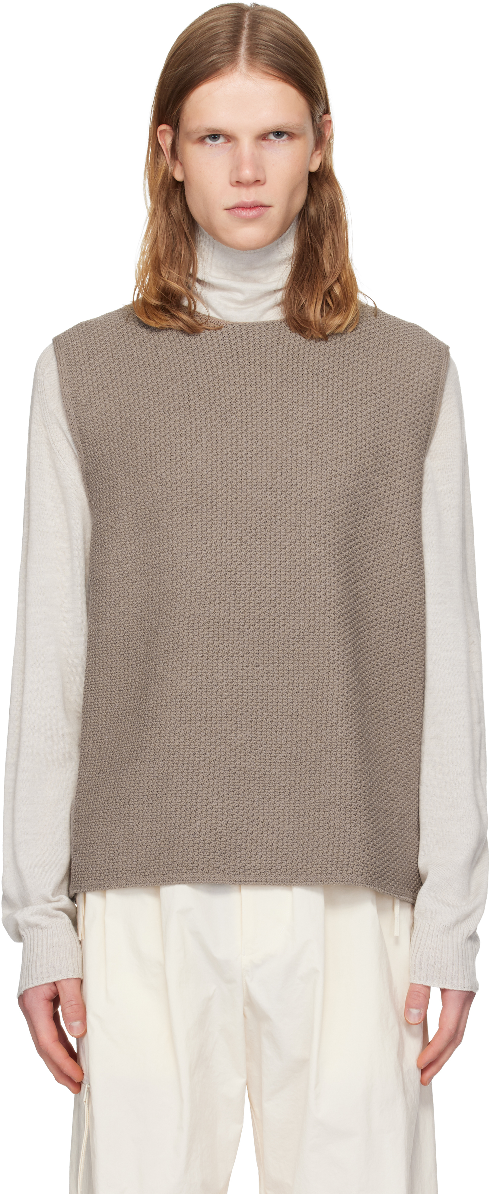 HOMME PLISSÉ ISSEY MIYAKE: Taupe Rustic Knit Vest | SSENSE