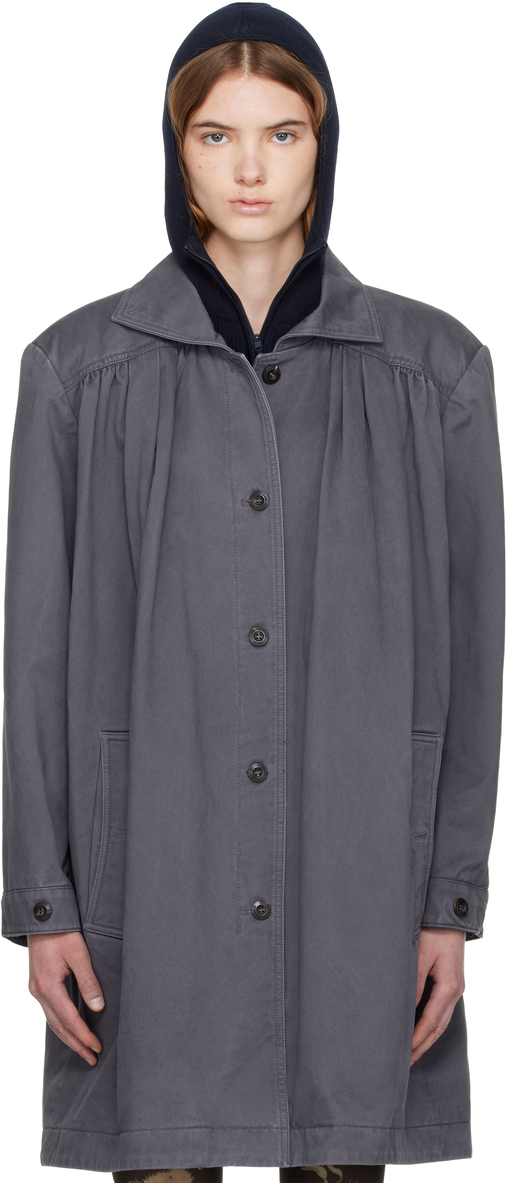 OPEN YY: Gray Over Shirred Top Coat | SSENSE