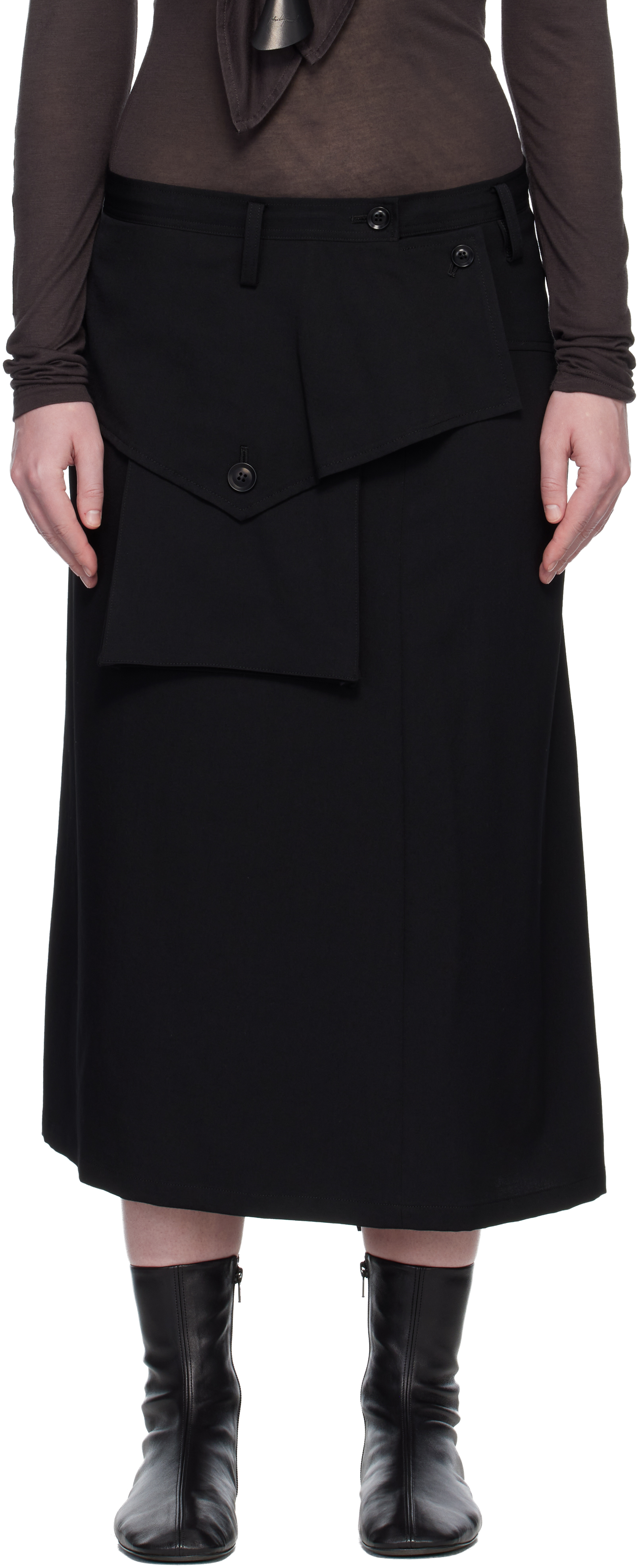 Y's: ブラック Y Big Flap ウールギャバジン ミディアムスカート