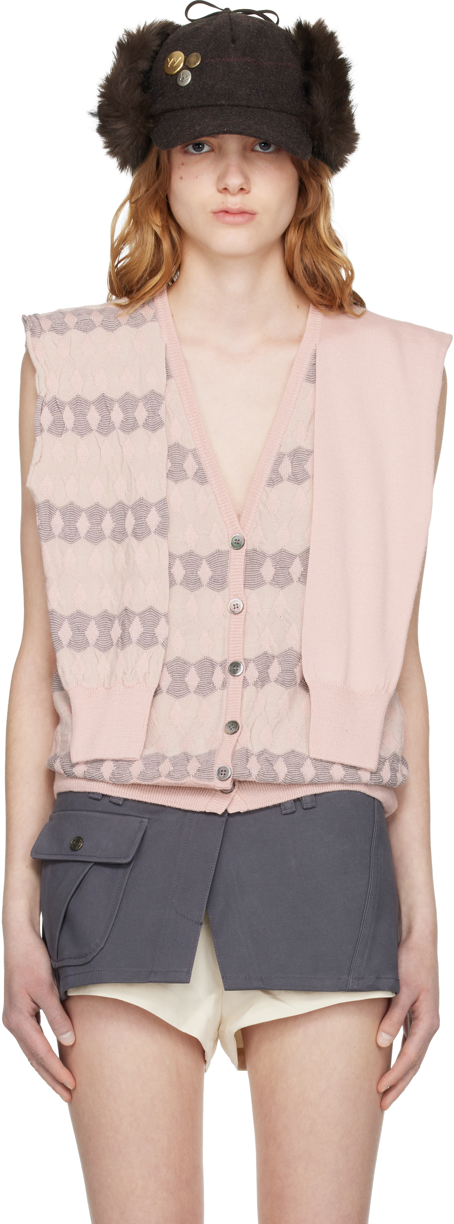 Pink Jacquard Sleeve Layered Cardigan Vest by OPEN YY on Sale
