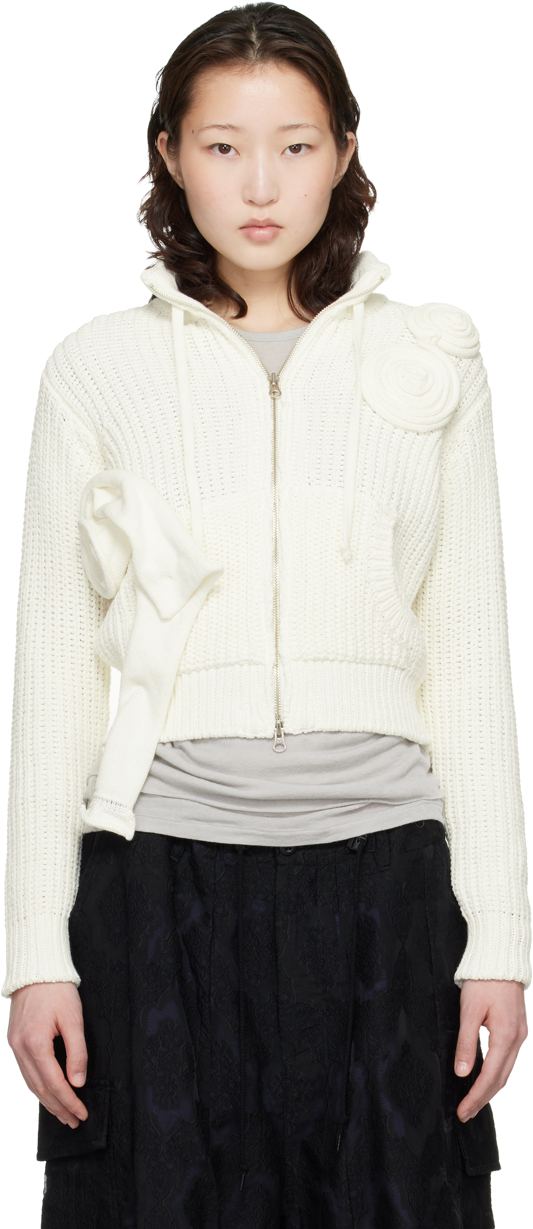 Off-White Applique Knit Zipup Sweater by OPEN YY on Sale