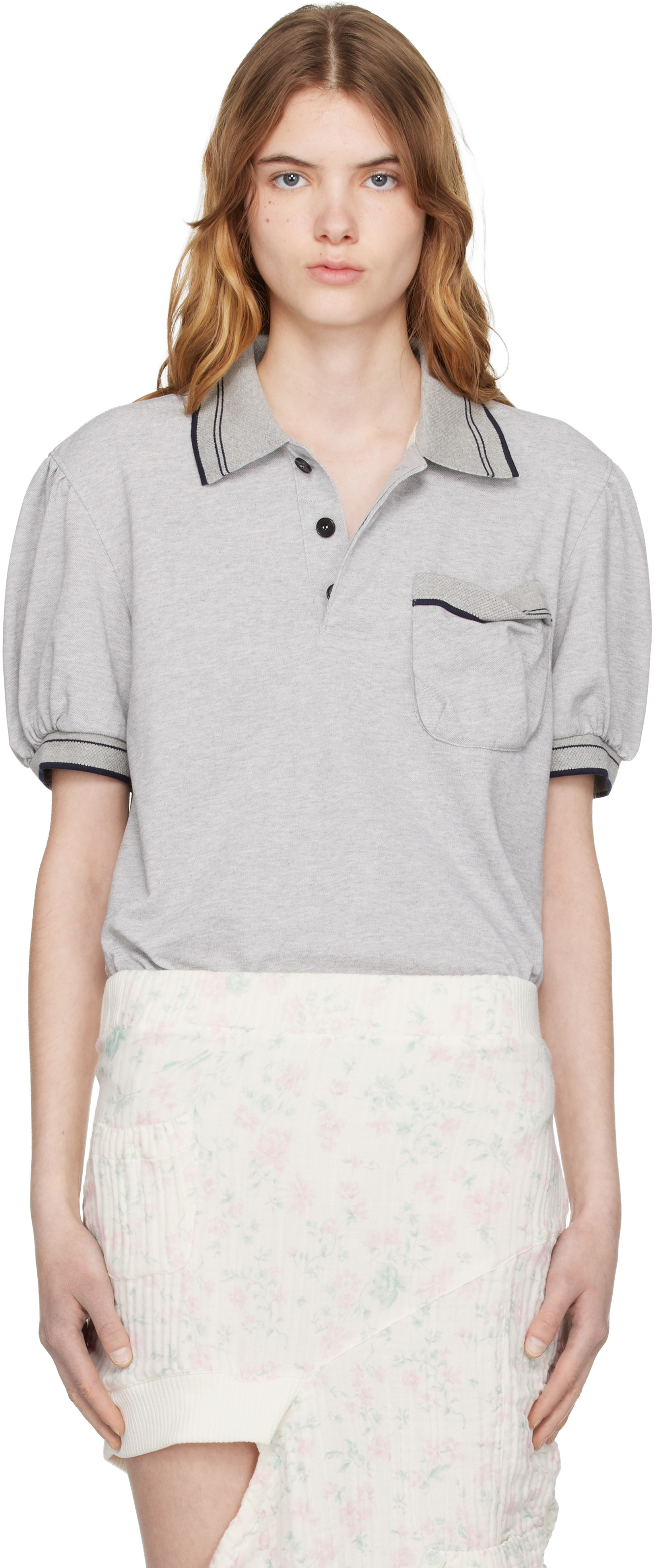 Gray Puffy Piqué Polo by OPEN YY on Sale