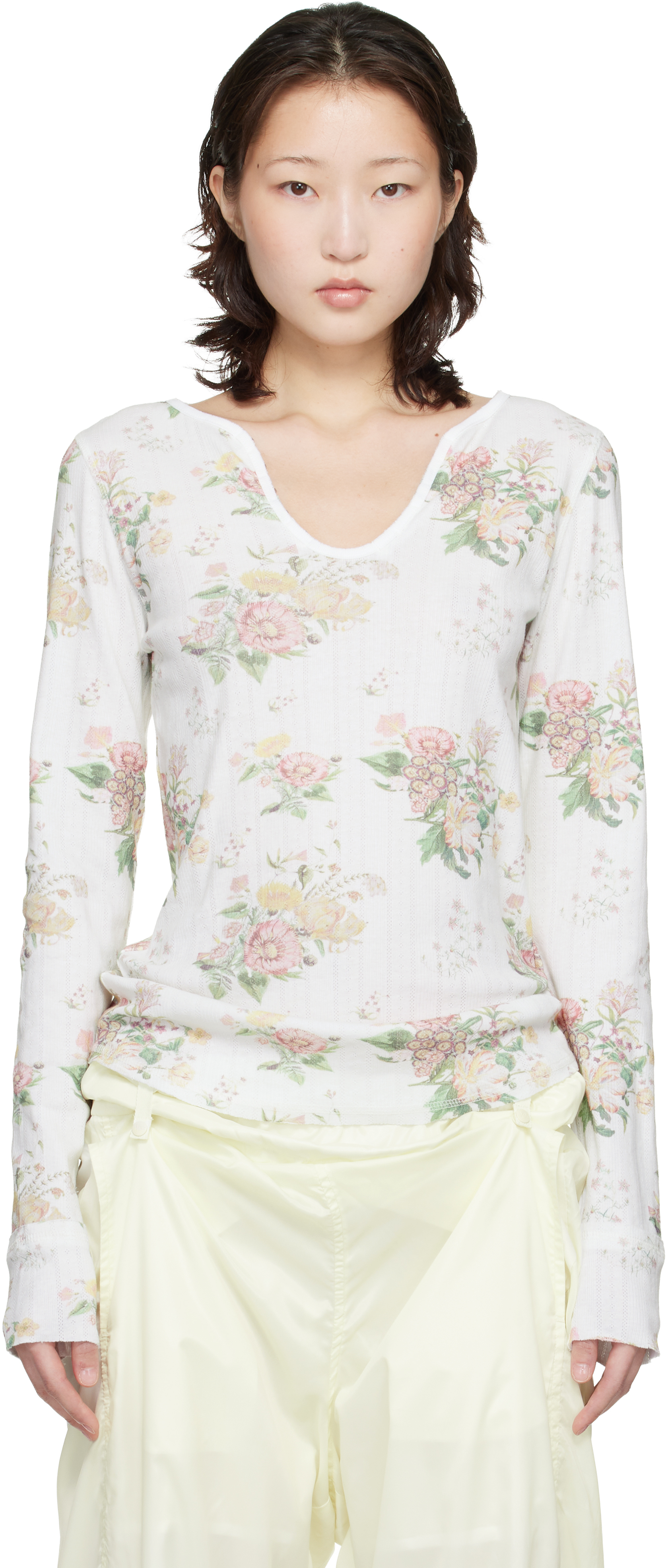 OPEN YY: ホワイト フローラル ホック 長袖ヘンリーネック Tシャツ