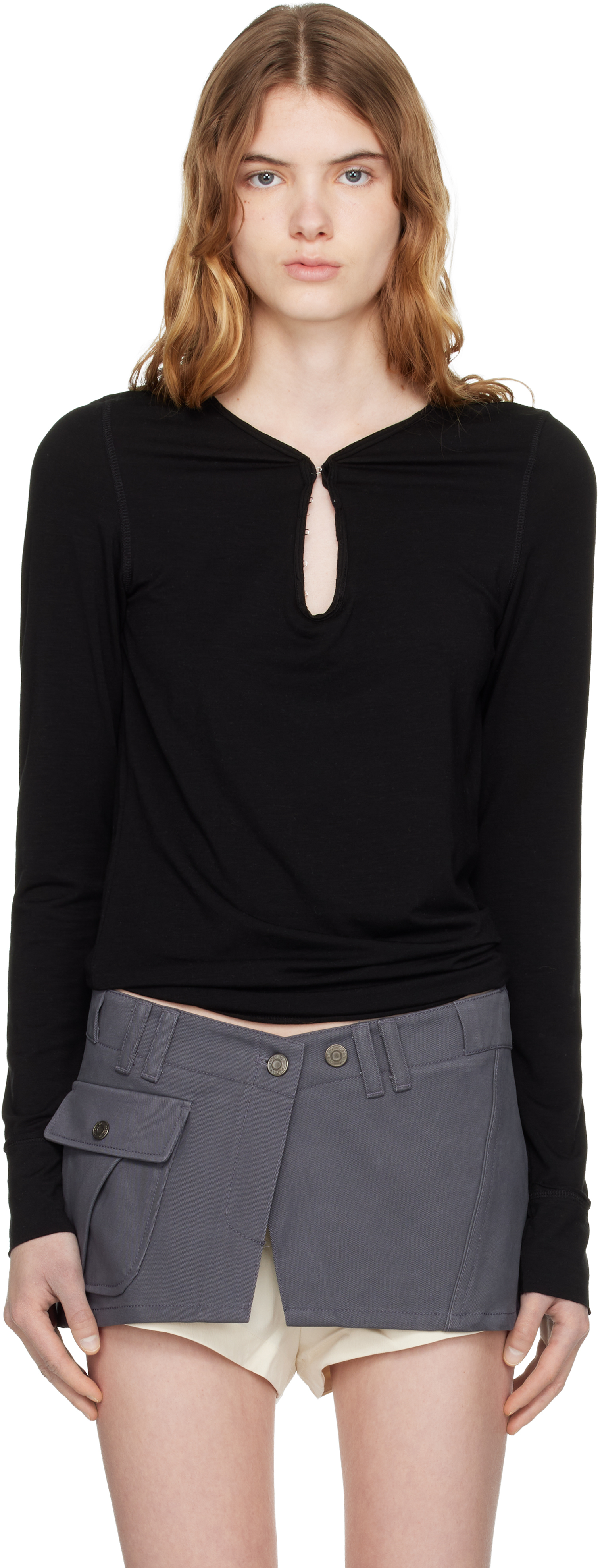 OPEN YY: Black Hook Long Sleeve Henley | SSENSE