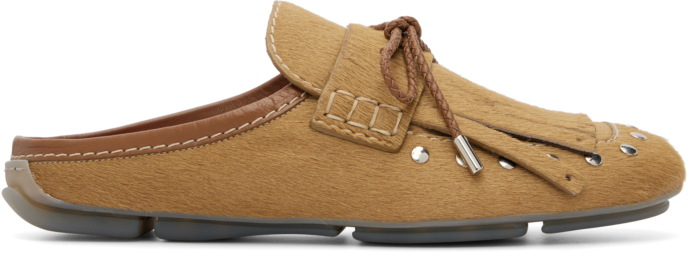 Wales Bonner Men\'s Suede Slip-On Loafer in Cognac The new Montego tasseled loafers in suede, leather and pony  main image 2