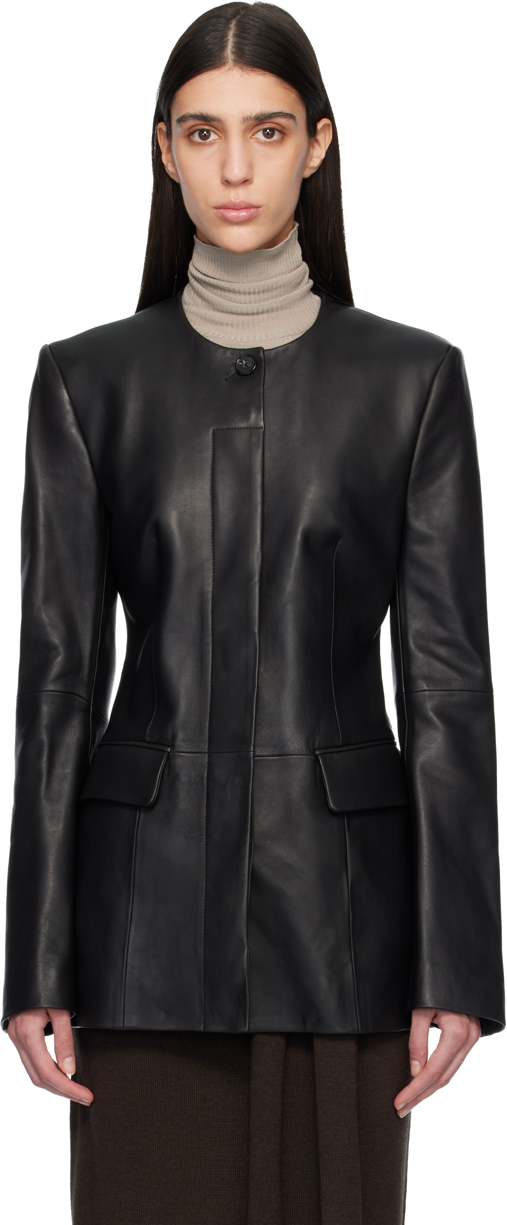 TOTEME Black Collarless Leather Jacket