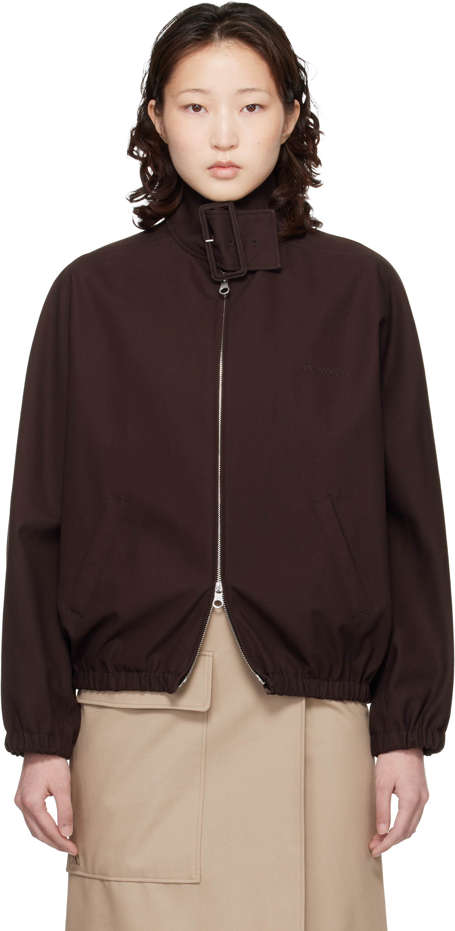 Brown Buckle Zipped Bomber Jacket by Courrèges on Sale