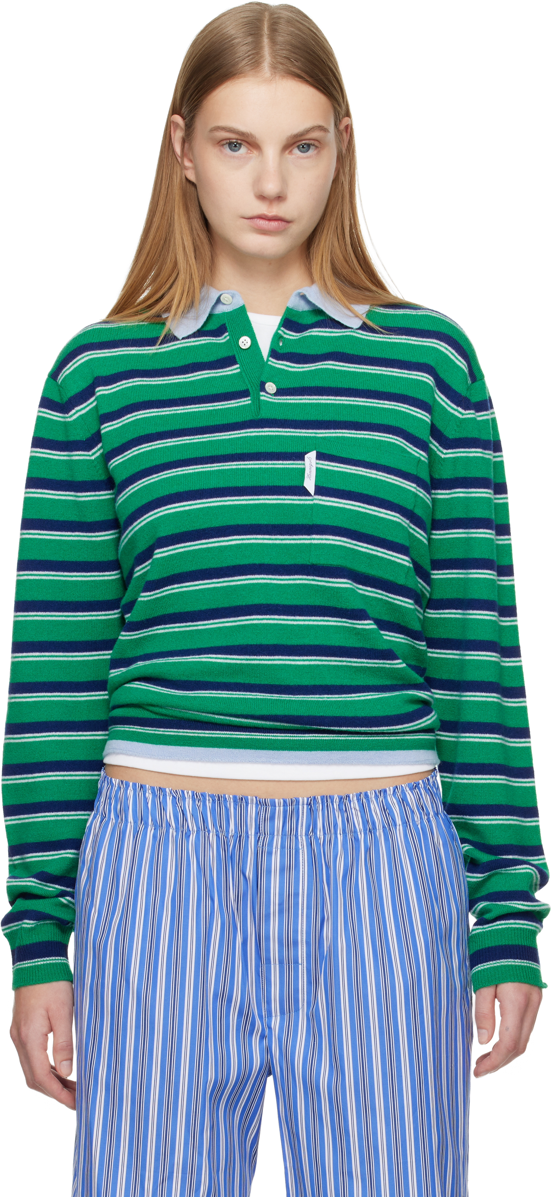 HommeGirls Green & Navy Knit Stripe Polo