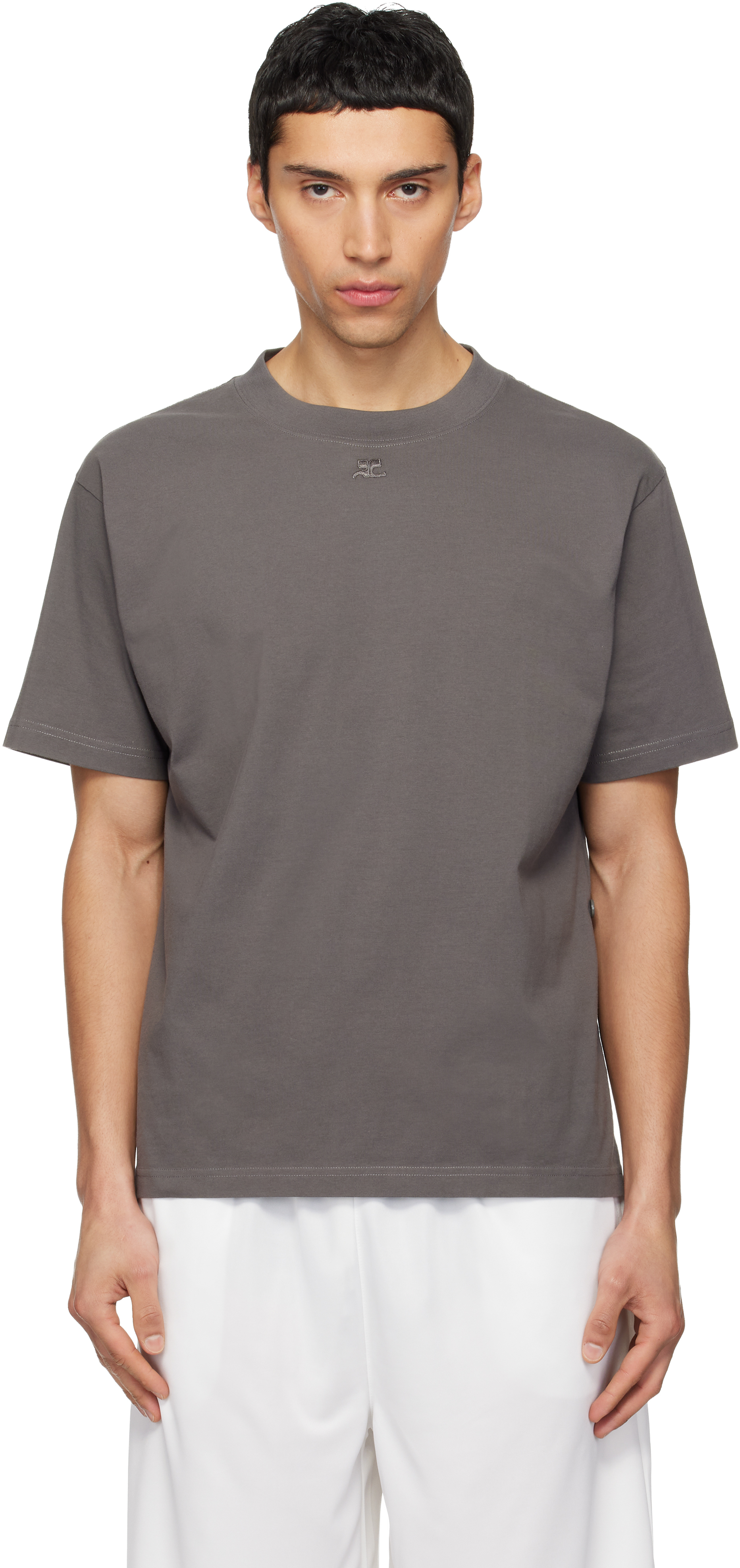 Courrèges: Gray Twisted Logo T-shirt | SSENSE