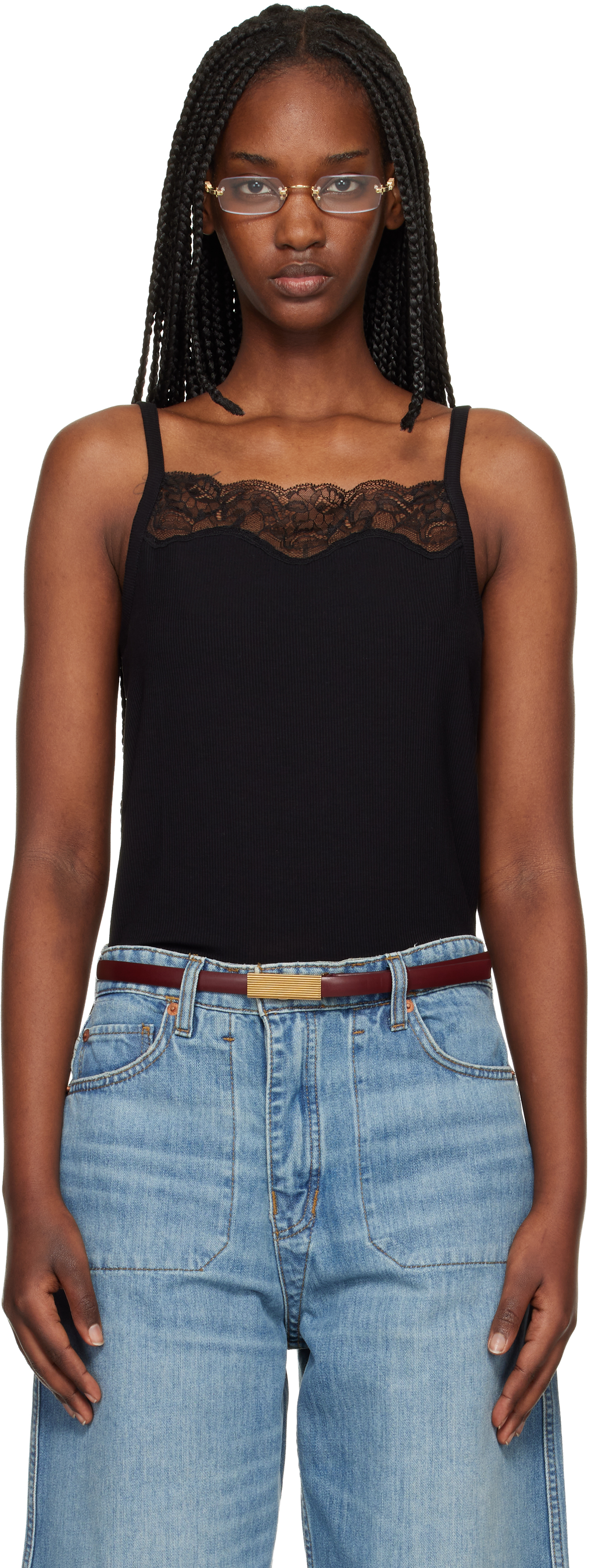 Black Lace Ribbed Camisole by Re/Done on Sale