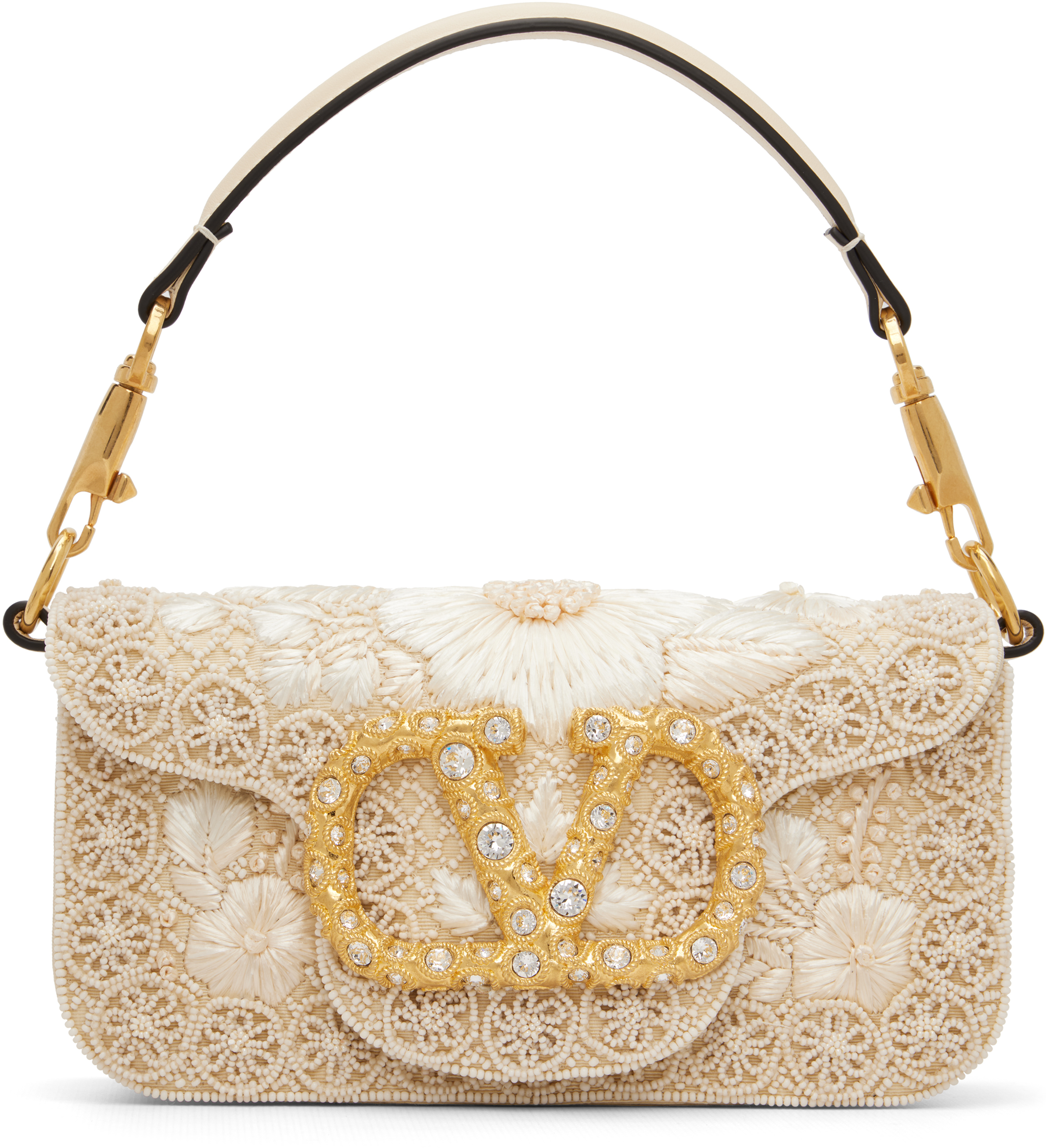 Valentino Garavani: Beige Locò Small Embroidered Shoulder Bag | SSENSE