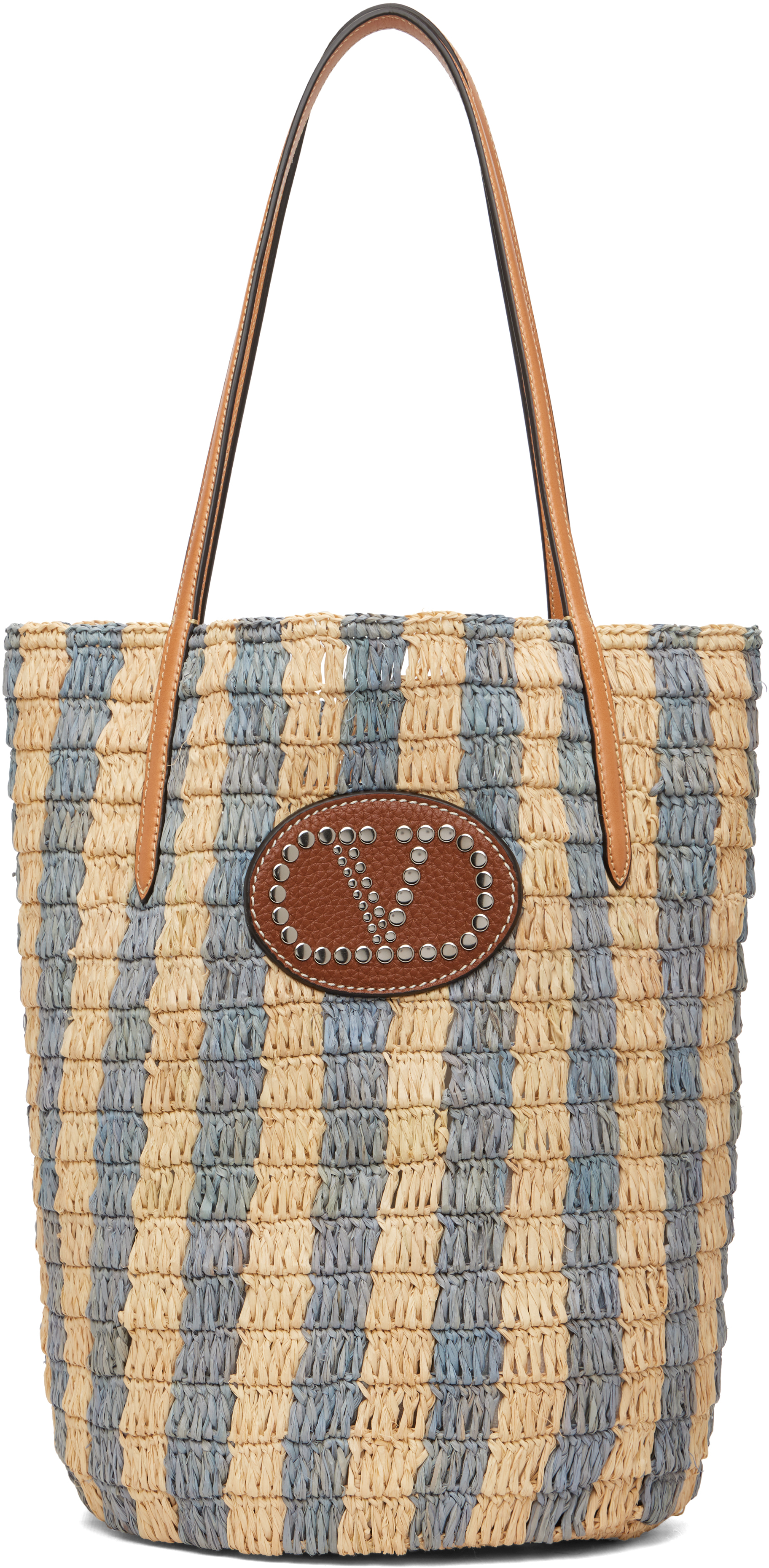 Valentino Garavani: ベージュ＆ブルー Shopping ストライプ ラフィア