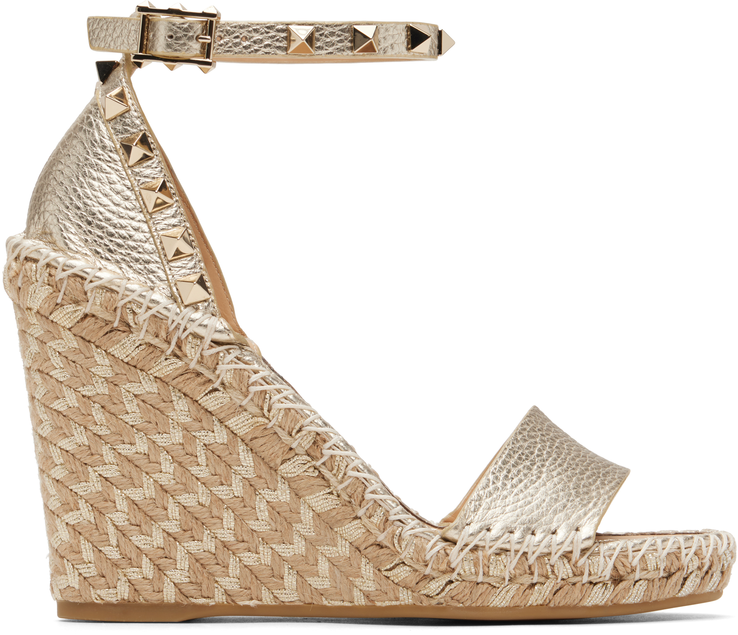 Valentino Garavani Silver Double Rockstud Grainy Calfskin Wedge Sandals